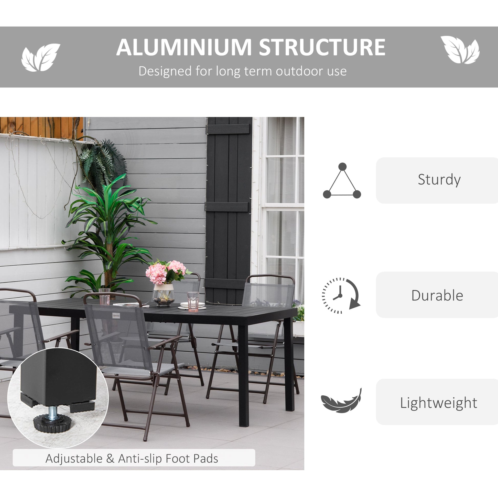 Garden Table for 8 People, Rectangular Aluminium Outdoor Dining Table with All-Weather Faux Wood Top for Garden, Patio, 190 x 90 x 74 cm, Black