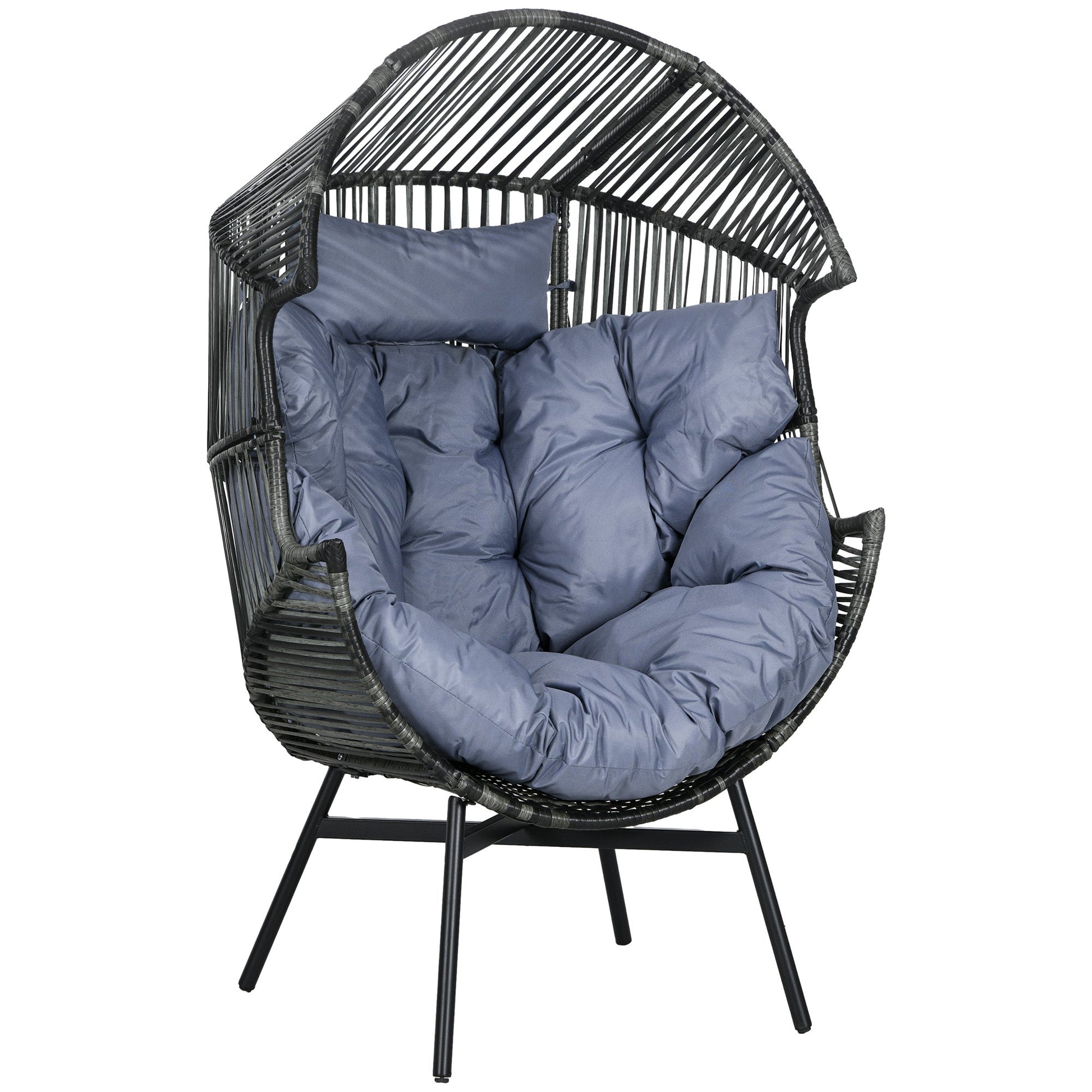 Garden Egg Chair with 14cm Thick Seat Cushion, PE Rattan Leisure Chair with Comfortable Headrest, Adjustable Feet, Steel Frame, Mixed Grey