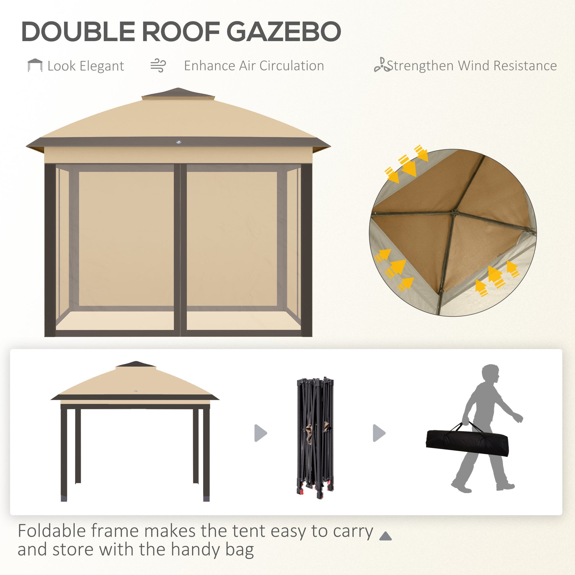 3.3 x 3.3m Pop Up Gazebo, Double Roof Foldable Canopy Tent with Zipped Mesh Sidewalls, Height Adjustable and Carrying Bag, Event Tent for Patio Garden, Beige