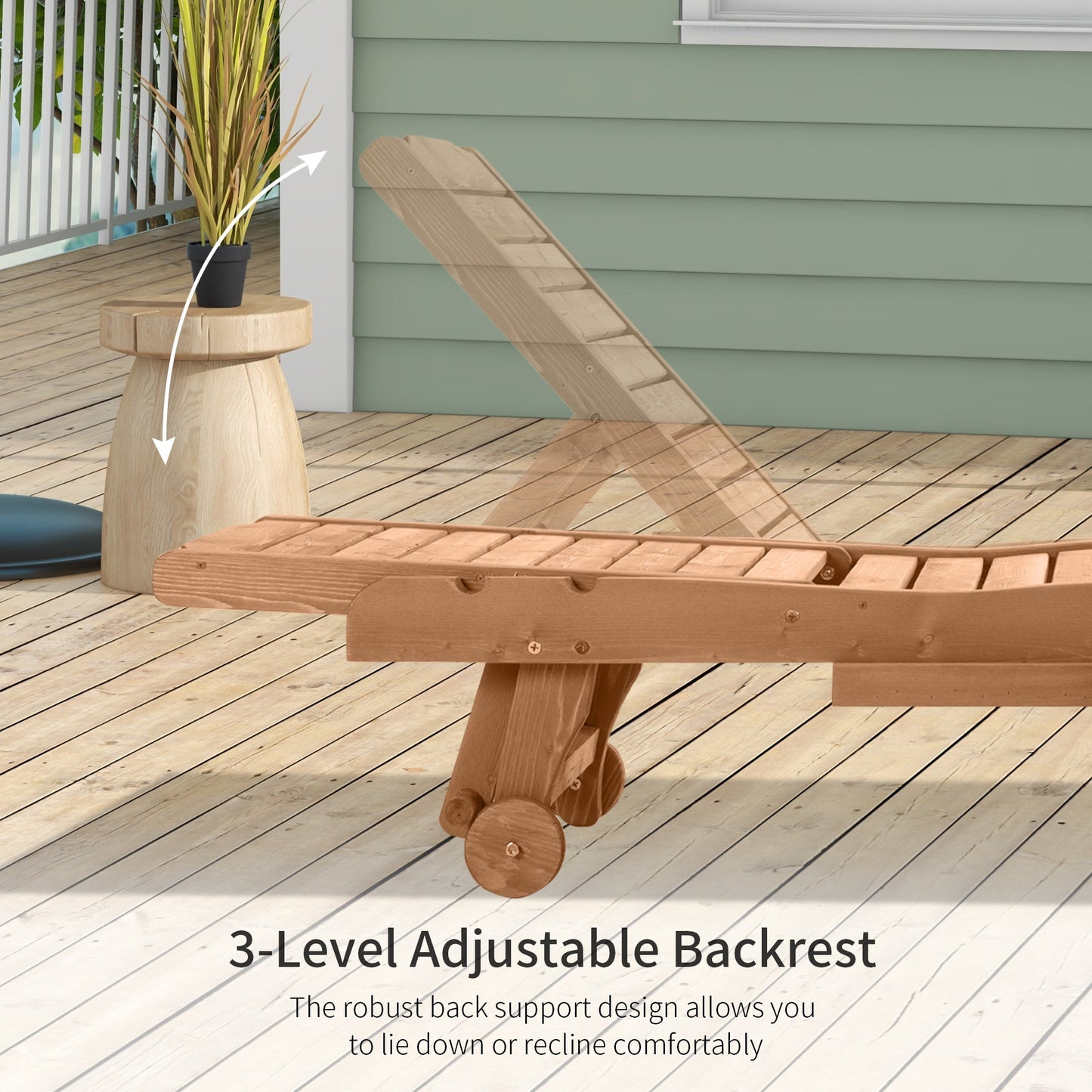 Garden Patio Sun Lounger, Outdoor Wooden Sun Bed with Built-In Table, Reclining Backrest and Rolling Wheels for Sunbathing, Red Brown