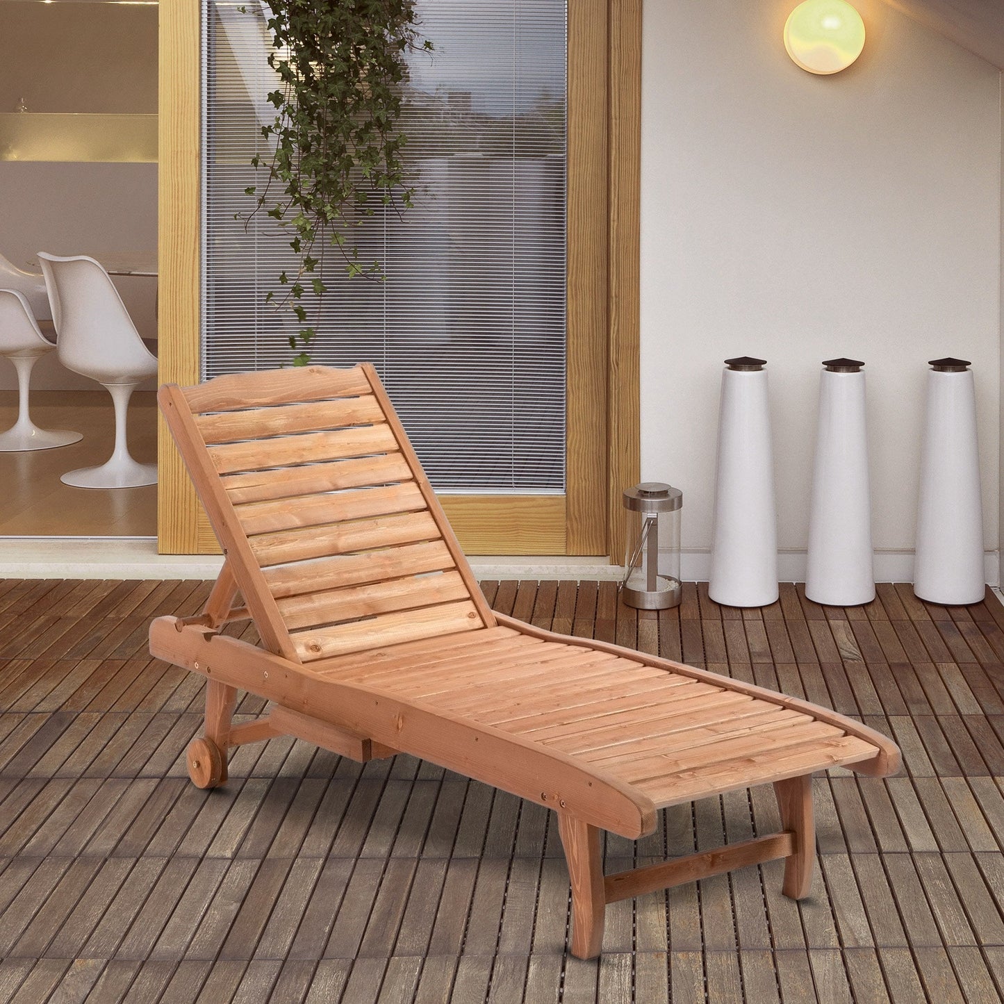 Garden Patio Sun Lounger, Outdoor Wooden Sun Bed with Built-In Table, Reclining Backrest and Rolling Wheels for Sunbathing, Red Brown