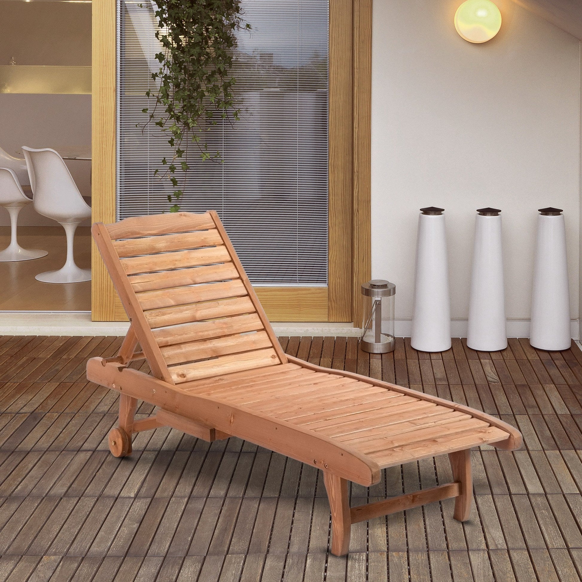 Garden Patio Sun Lounger, Outdoor Wooden Sun Bed with Built-In Table, Reclining Backrest and Rolling Wheels for Sunbathing, Red Brown