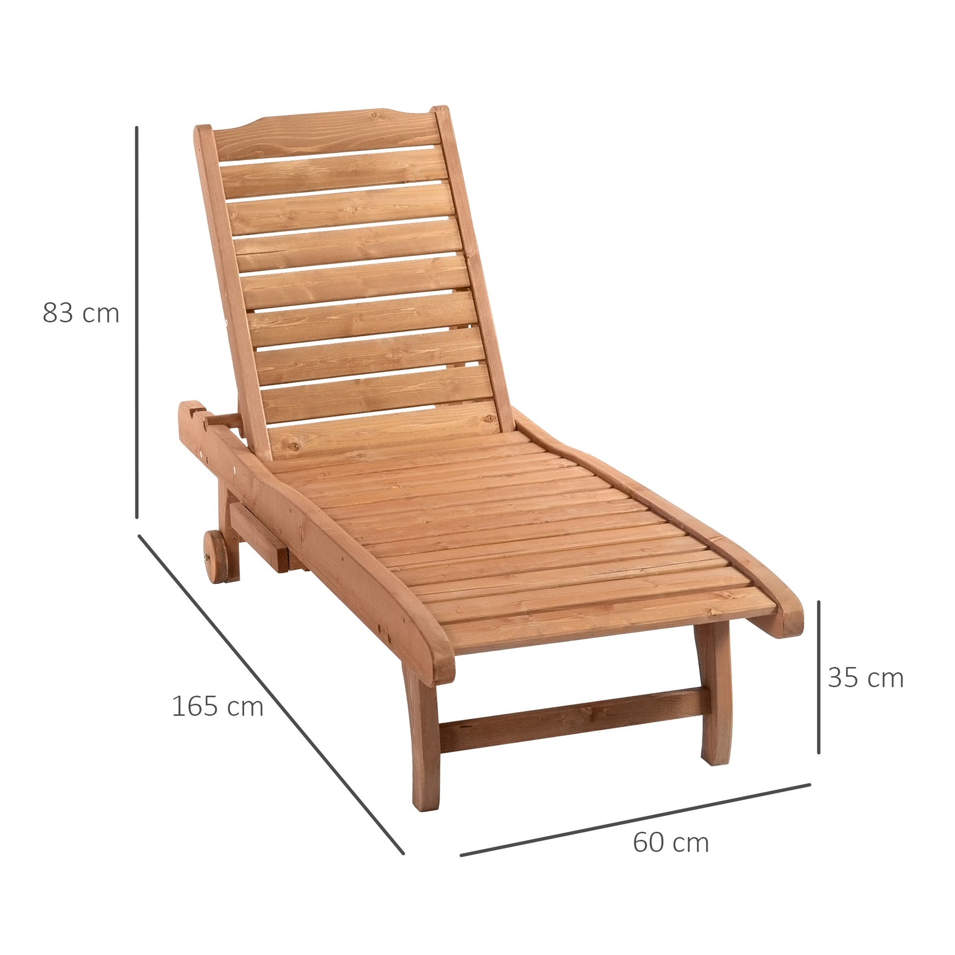 Garden Patio Sun Lounger, Outdoor Wooden Sun Bed with Built-In Table, Reclining Backrest and Rolling Wheels for Sunbathing, Red Brown
