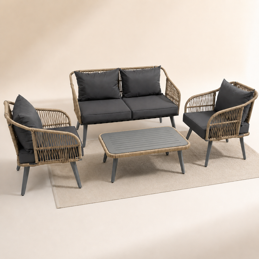 4-Piece Rattan Conversation Set with Loveseat, 2 Armchairs & Acacia Table, Grey