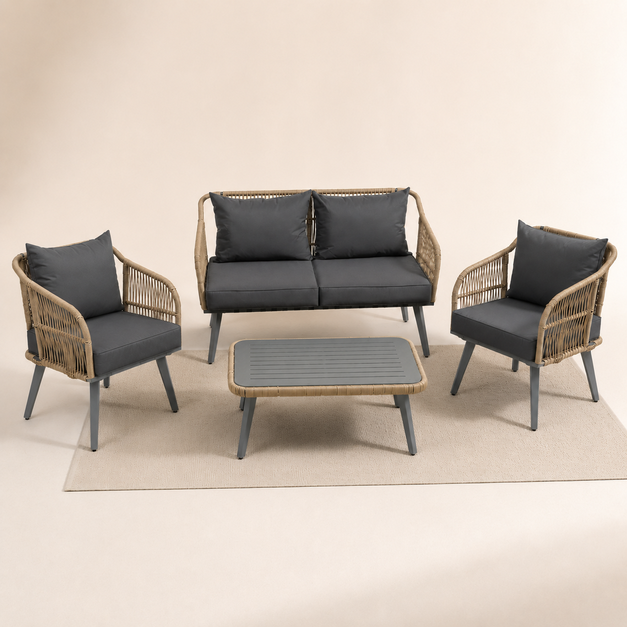 4-Piece Rattan Conversation Set with Loveseat, 2 Armchairs & Acacia Table, Grey