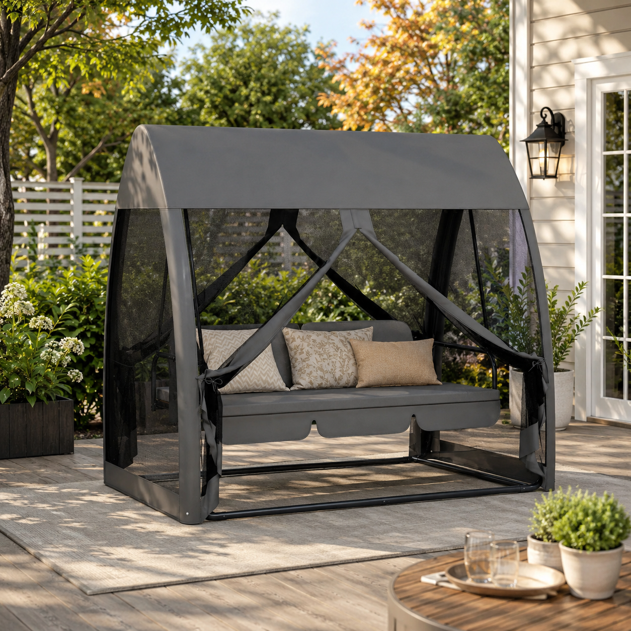 3 Seater Rocking Bench Bed with Water-Resistant Roof, Zipped Door & Mosquito Netting, Grey