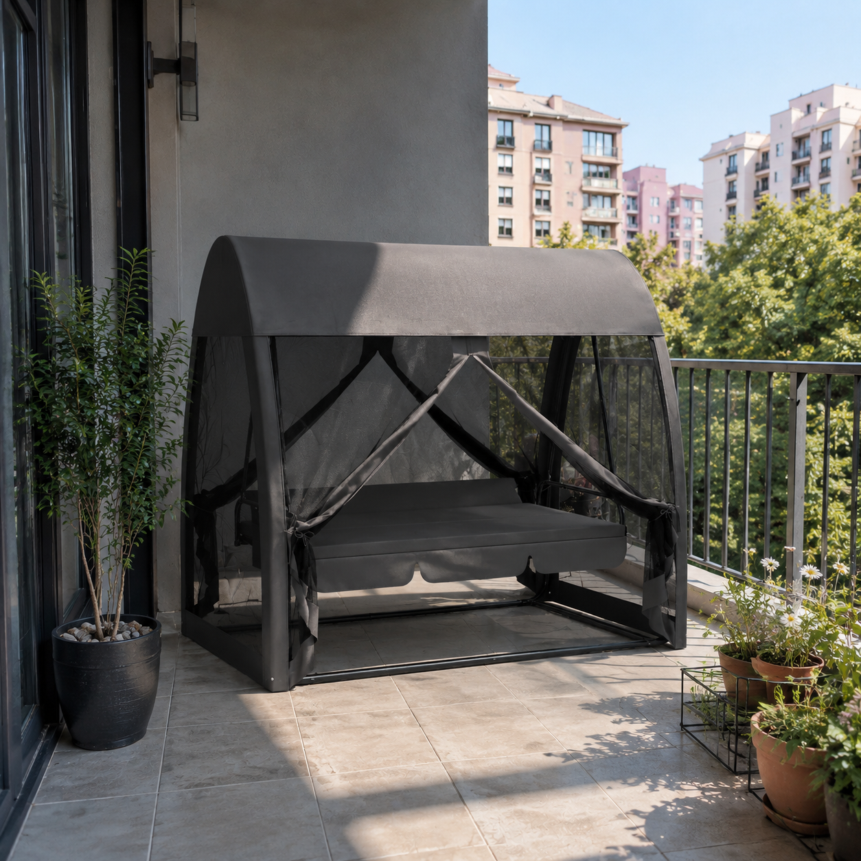 3 Seater Rocking Bench Bed with Water-Resistant Roof, Zipped Door & Mosquito Netting, Grey
