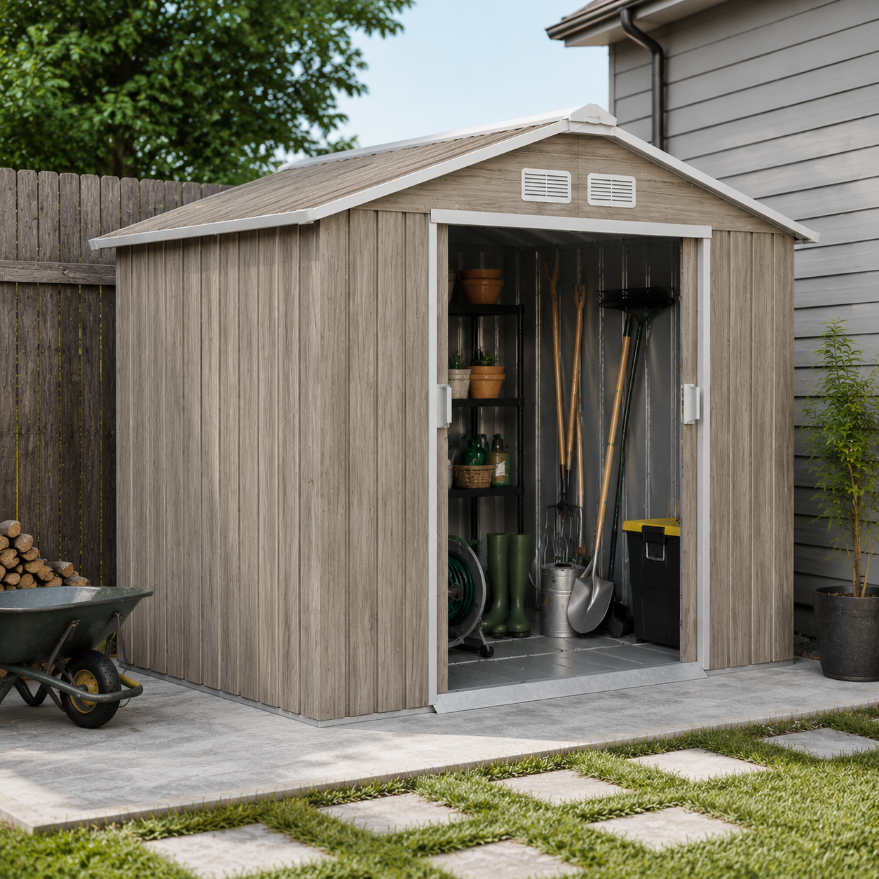 EverBase 7 x 4ft Metal Garden Shed with Vents & Foundation Kit, Light Brown