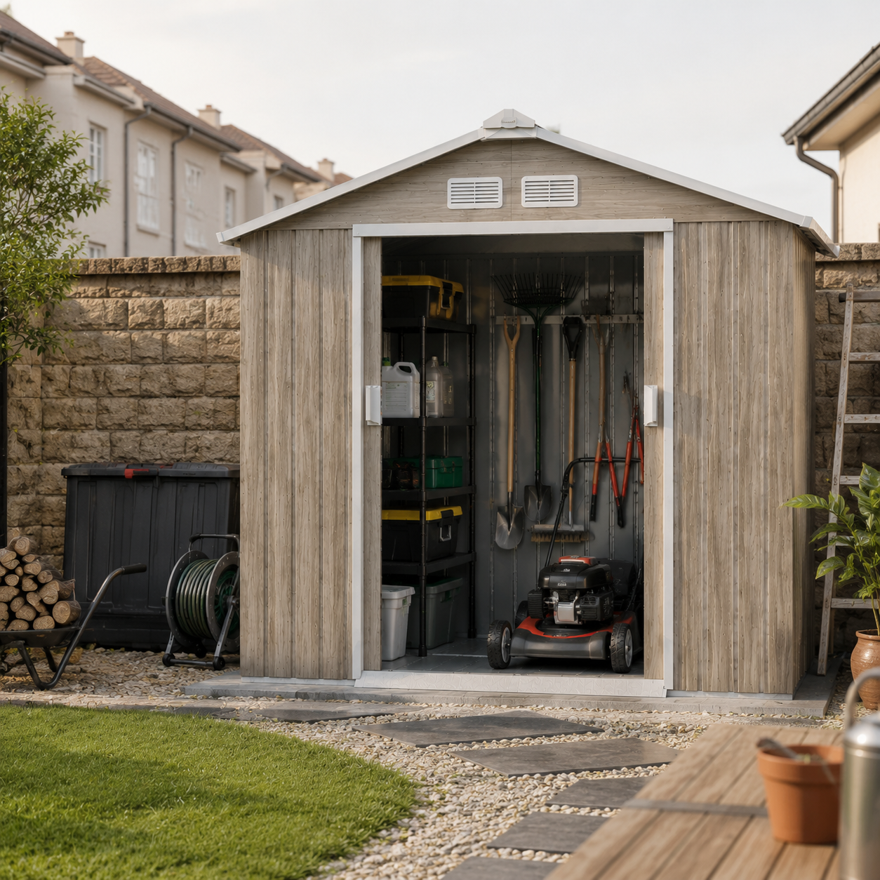 EverBase 7 x 4ft Metal Garden Shed with Vents & Foundation Kit, Light Brown