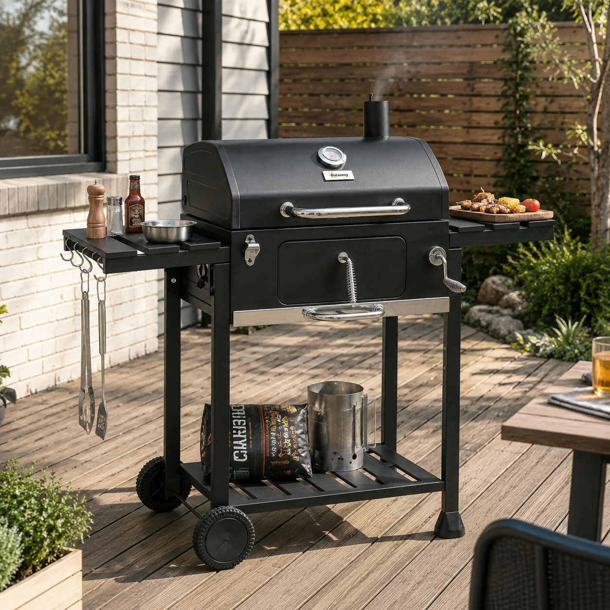 Charcoal Barbecue Grill Trolley with Storage Shelves, Lid, Thermometer and Bottle Opener, Black