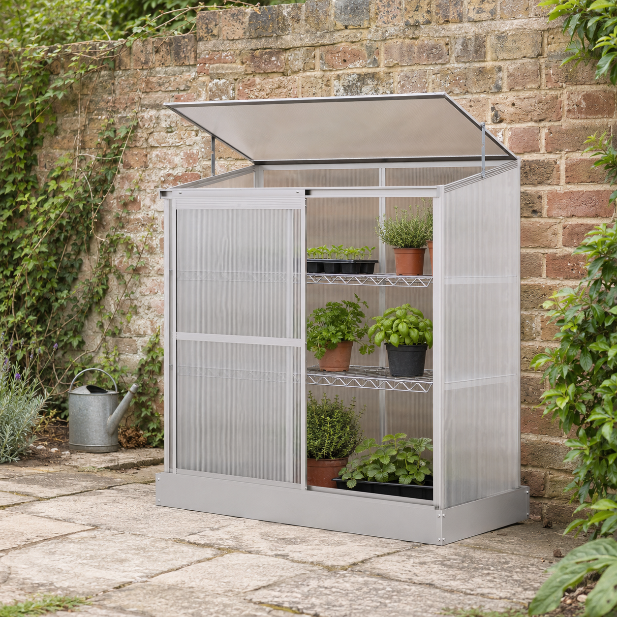 3 Tier Cold Frame Polycarbonate Greenhouse w/ Sliding Door & Openable Roof, 131 x 58 x 140cm