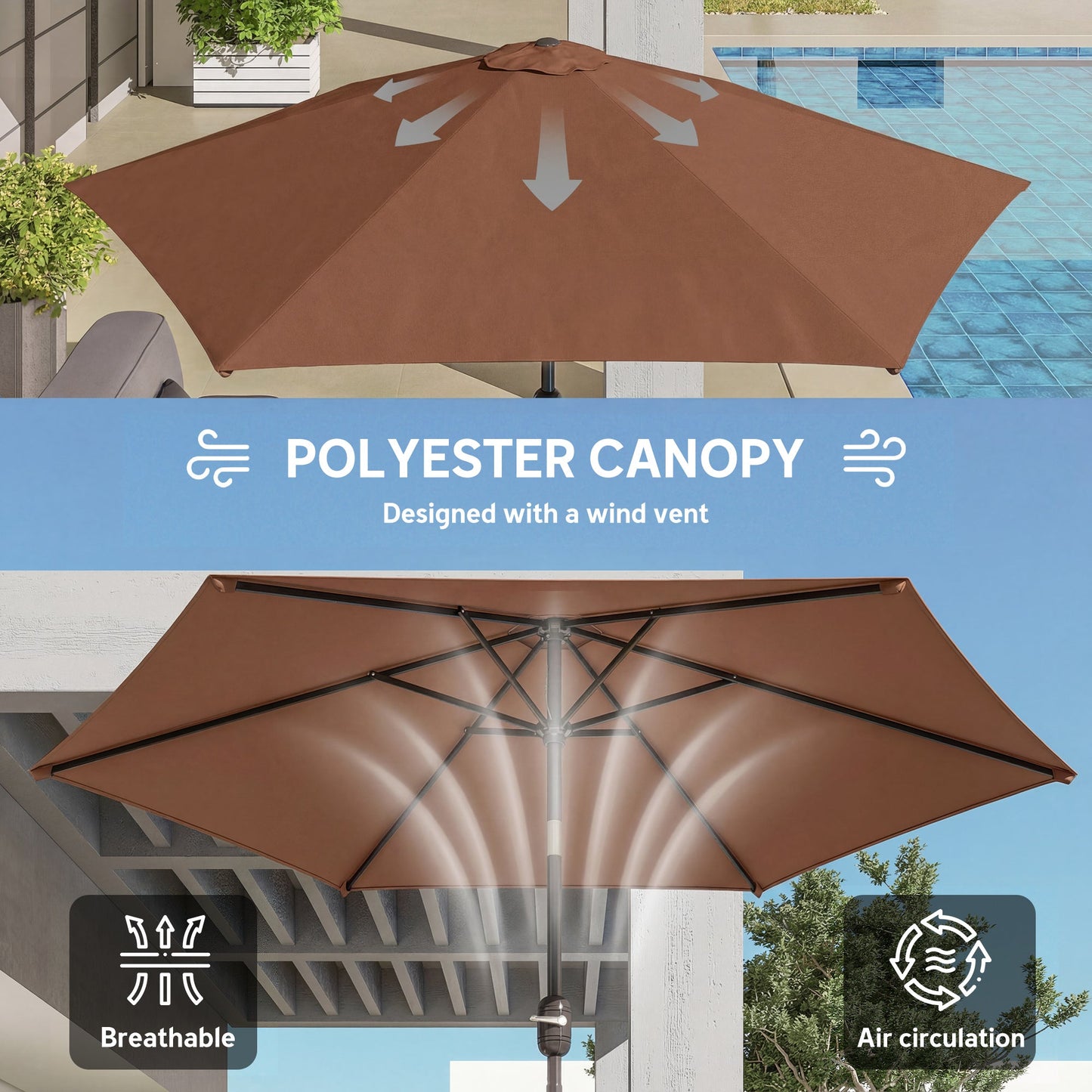 2.6 m Garden Parasol Umbrella with Aluminium Pole, Outdoor Table Market Patio Umbrella Sun Shade with Tilt and Crank, Vent, Coffee