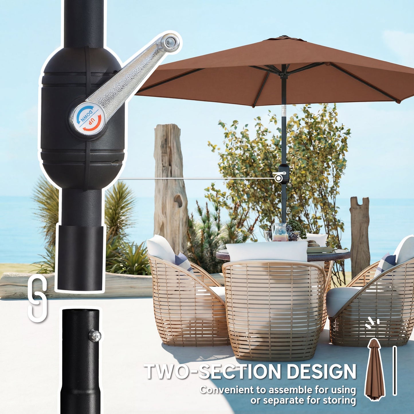 2.6 m Garden Parasol Umbrella with Aluminium Pole, Outdoor Table Market Patio Umbrella Sun Shade with Tilt and Crank, Vent, Coffee