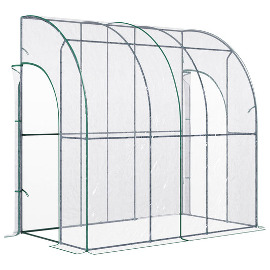 Walk-In Greenhouse, Lean-to Small Greenhouse with Zipped Roll Up Doors, Tomato Greenhouse with Plastic Cover and Sloping Top for Flowers, Vegetables and Herbs, 214cm x 118cm x 212cm, Clear