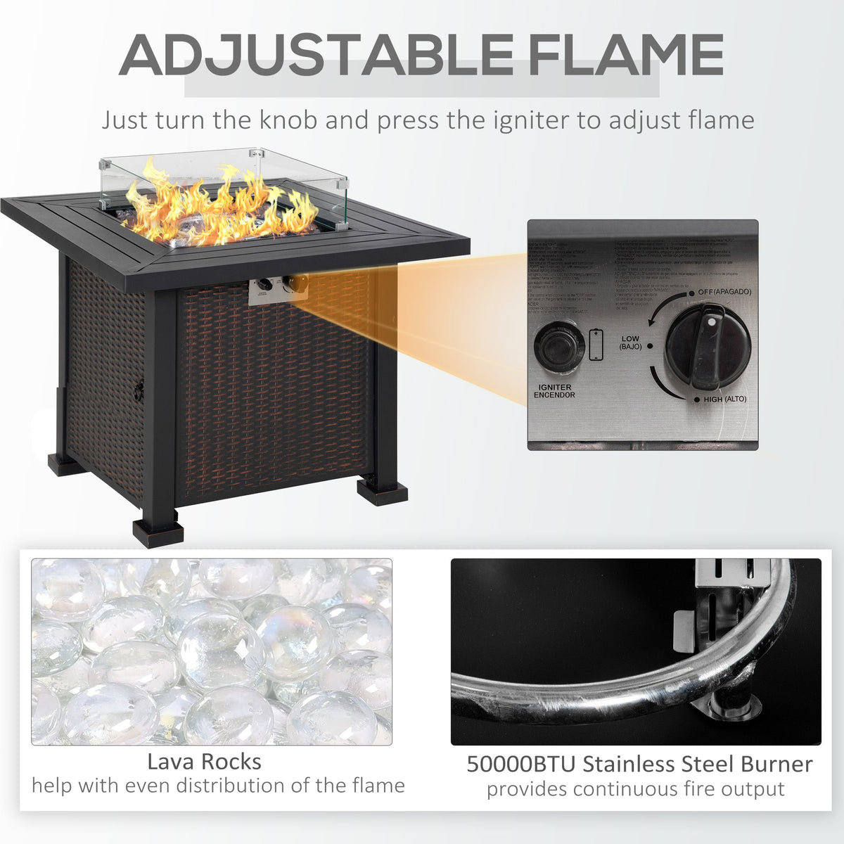 Square Propane Gas Fire Pit Table, 50000 BTU Rattan Smokeless Firepit Patio Heater with Glass Screen, Glass Beads and Lid, 81cm x 81cm x 64cm, Black