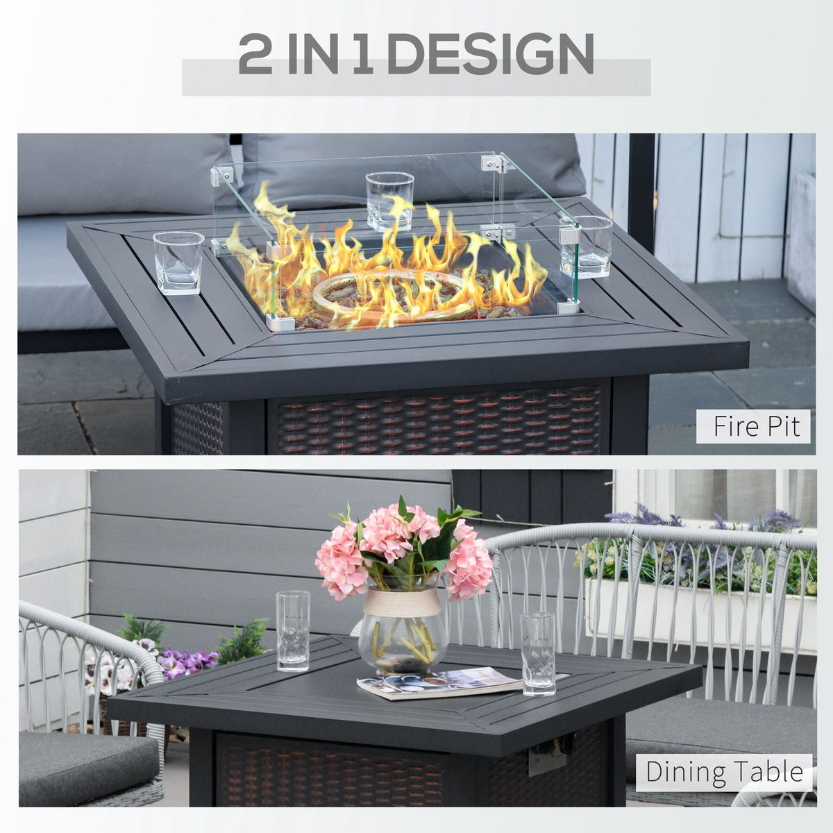 Square Propane Gas Fire Pit Table, 50000 BTU Rattan Smokeless Firepit Patio Heater with Glass Screen, Glass Beads and Lid, 81cm x 81cm x 64cm, Black