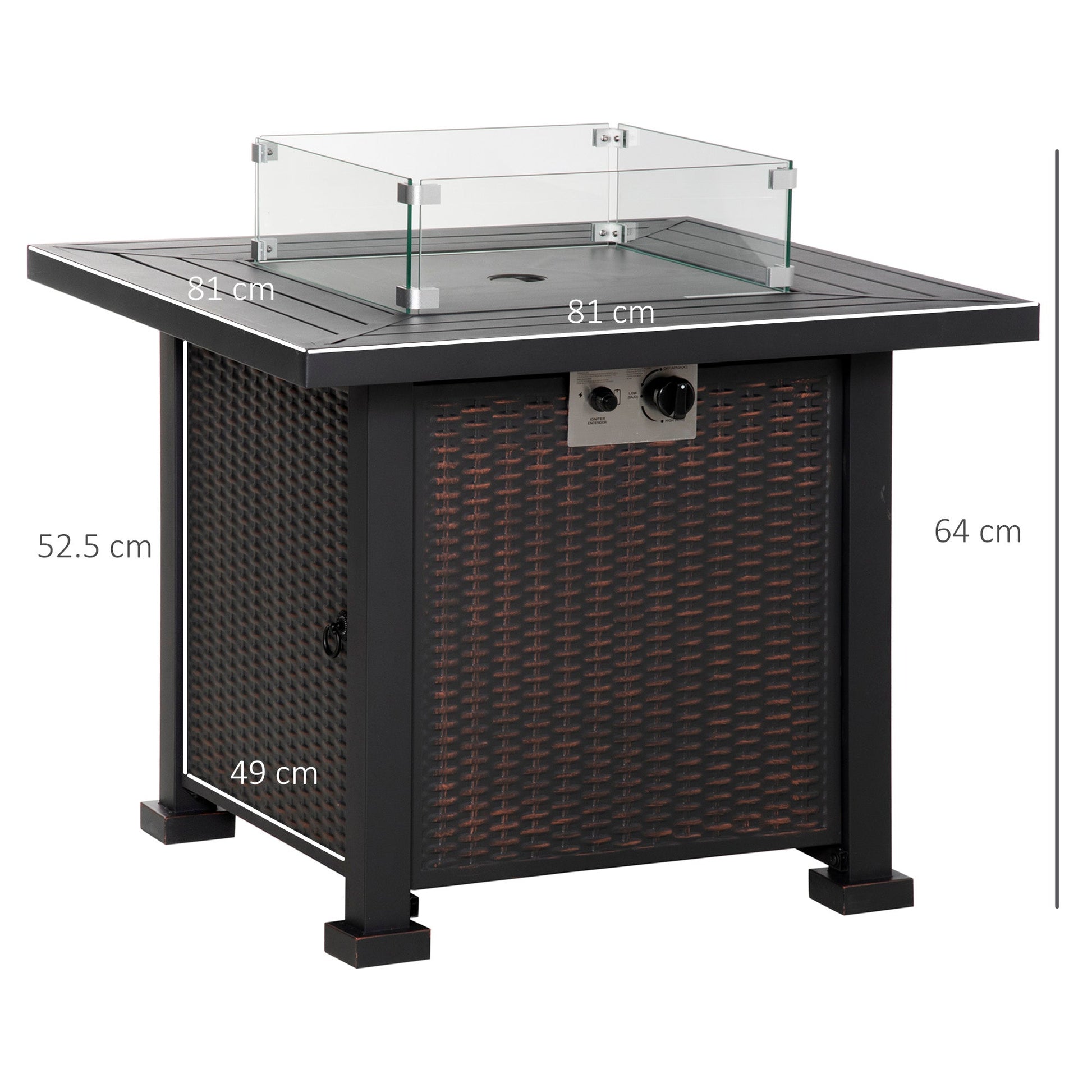 Square Propane Gas Fire Pit Table, 50000 BTU Rattan Smokeless Firepit Patio Heater with Glass Screen, Glass Beads and Lid, 81cm x 81cm x 64cm, Black