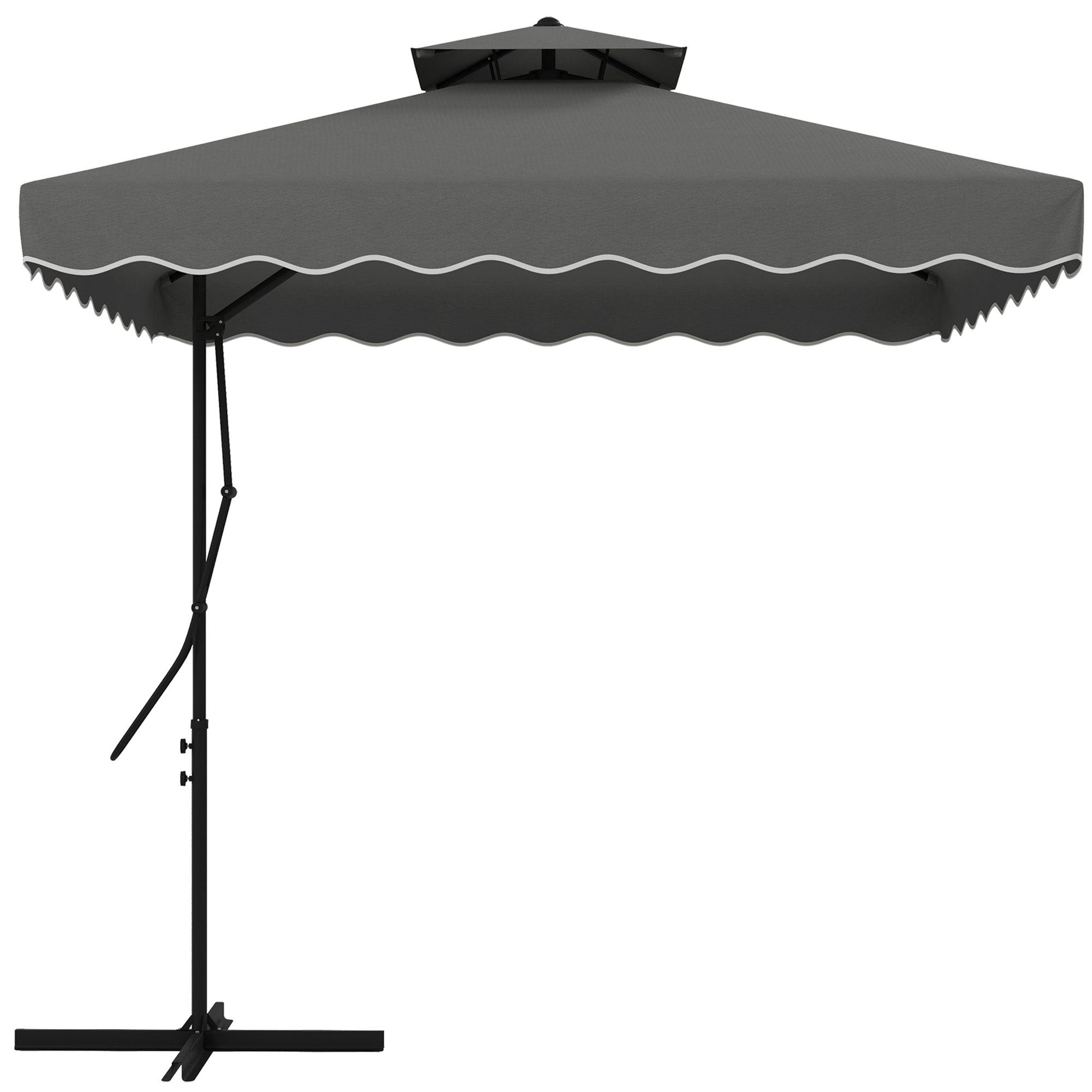 2.5m Cantilever Parasol with Easy Lever, Square Double Top Garden Parasol Umbrella with Ruffles and Cross Base, Overhanging Outdoor Sun Shades, Dark Grey