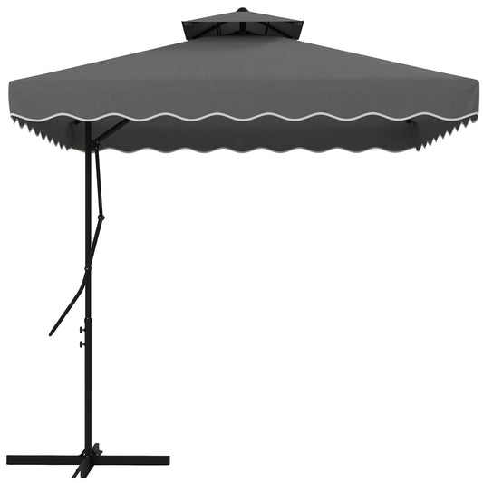 2.5m Cantilever Parasol with Easy Lever, Square Double Top Garden Parasol Umbrella with Ruffles and Cross Base, Overhanging Outdoor Sun Shades, Dark Grey