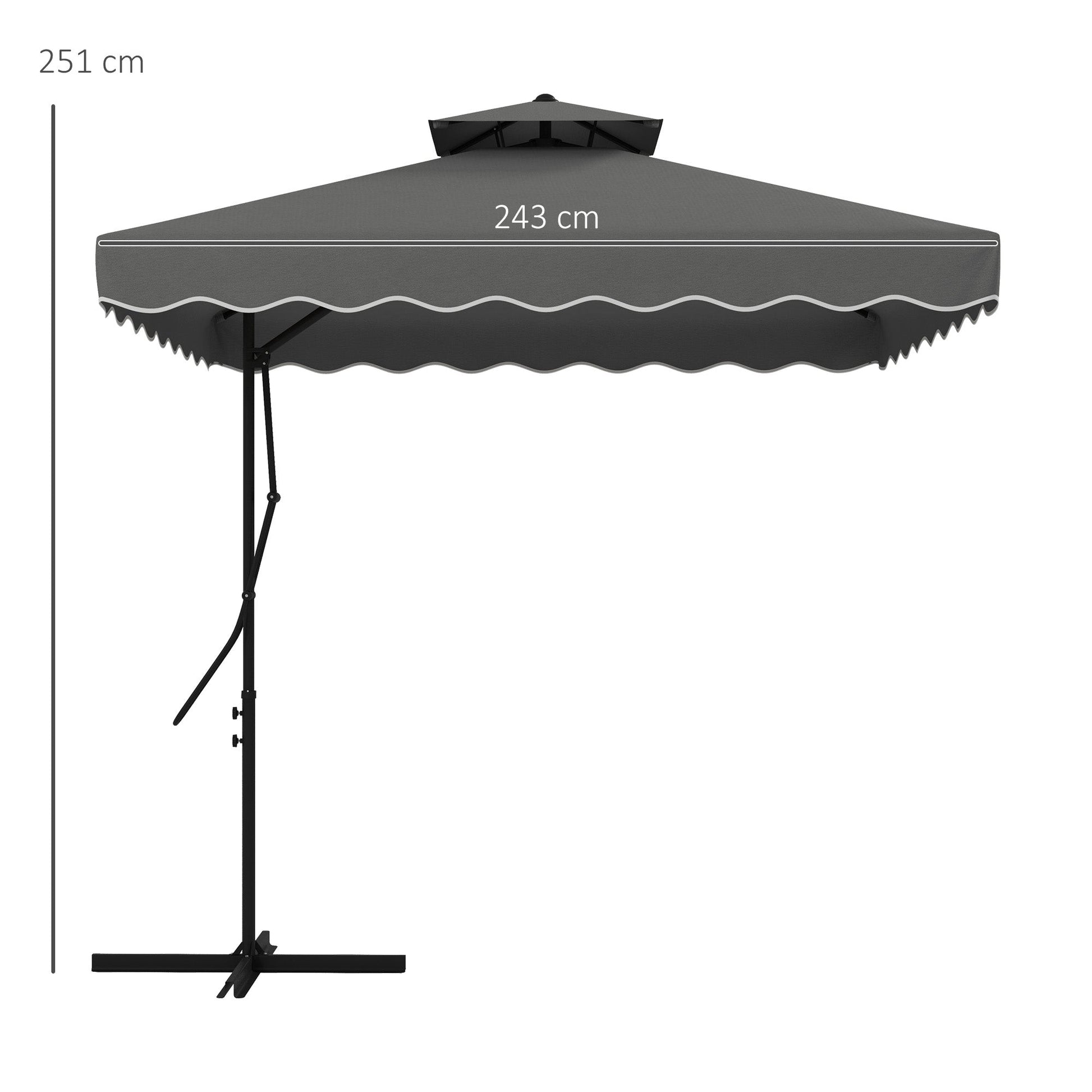 2.5m Cantilever Parasol with Easy Lever, Square Double Top Garden Parasol Umbrella with Ruffles and Cross Base, Overhanging Outdoor Sun Shades, Dark Grey