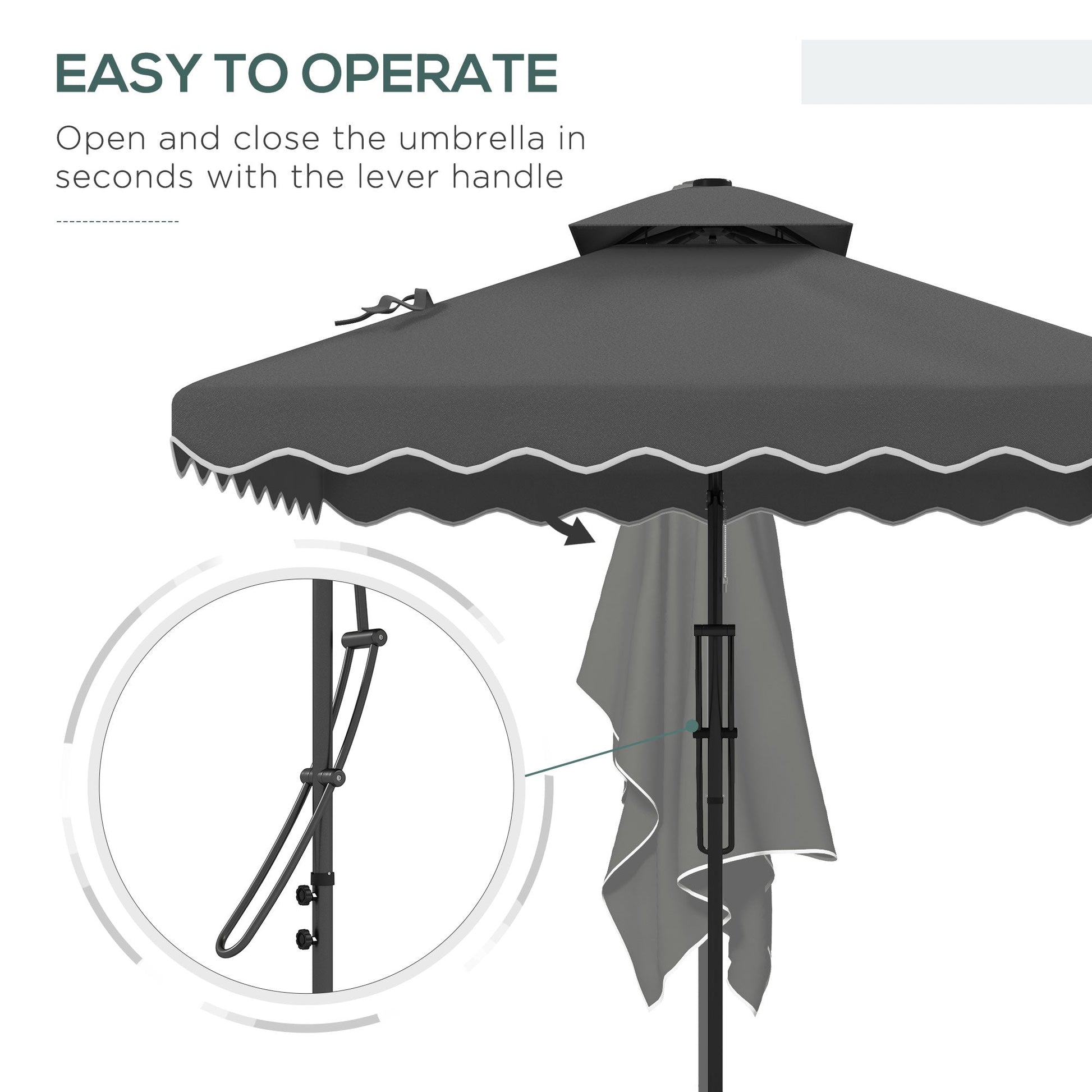 2.5m Cantilever Parasol with Easy Lever, Square Double Top Garden Parasol Umbrella with Ruffles and Cross Base, Overhanging Outdoor Sun Shades, Dark Grey