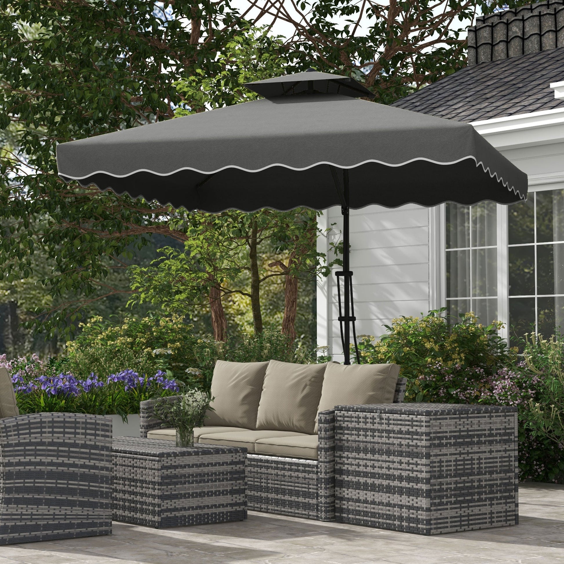 2.5m Cantilever Parasol with Easy Lever, Square Double Top Garden Parasol Umbrella with Ruffles and Cross Base, Overhanging Outdoor Sun Shades, Dark Grey