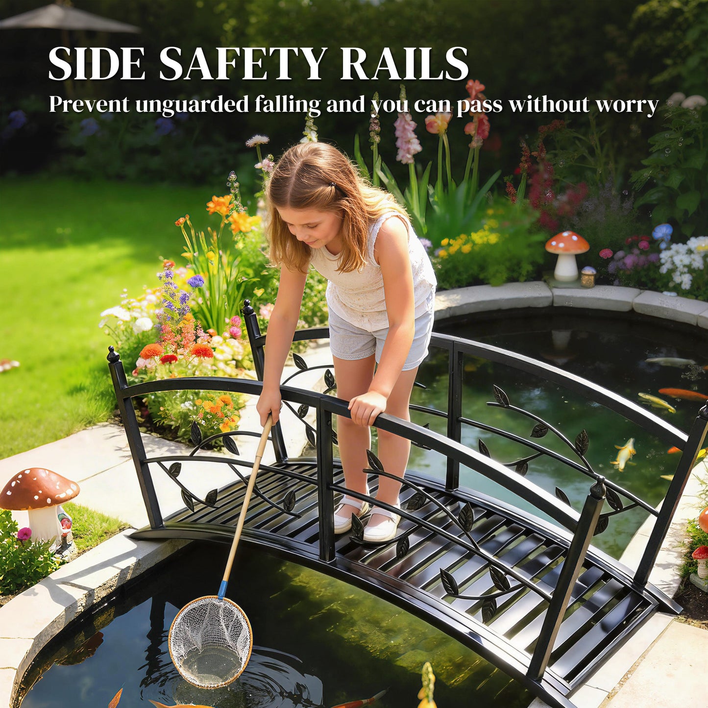 1.2M Metal Garden Bridge with Safety Railings, Outdoor Pond Bridge, Arch Decorative Footbridge for Garden, Creek Stream, Easy Assembly & Stable Construction, Black