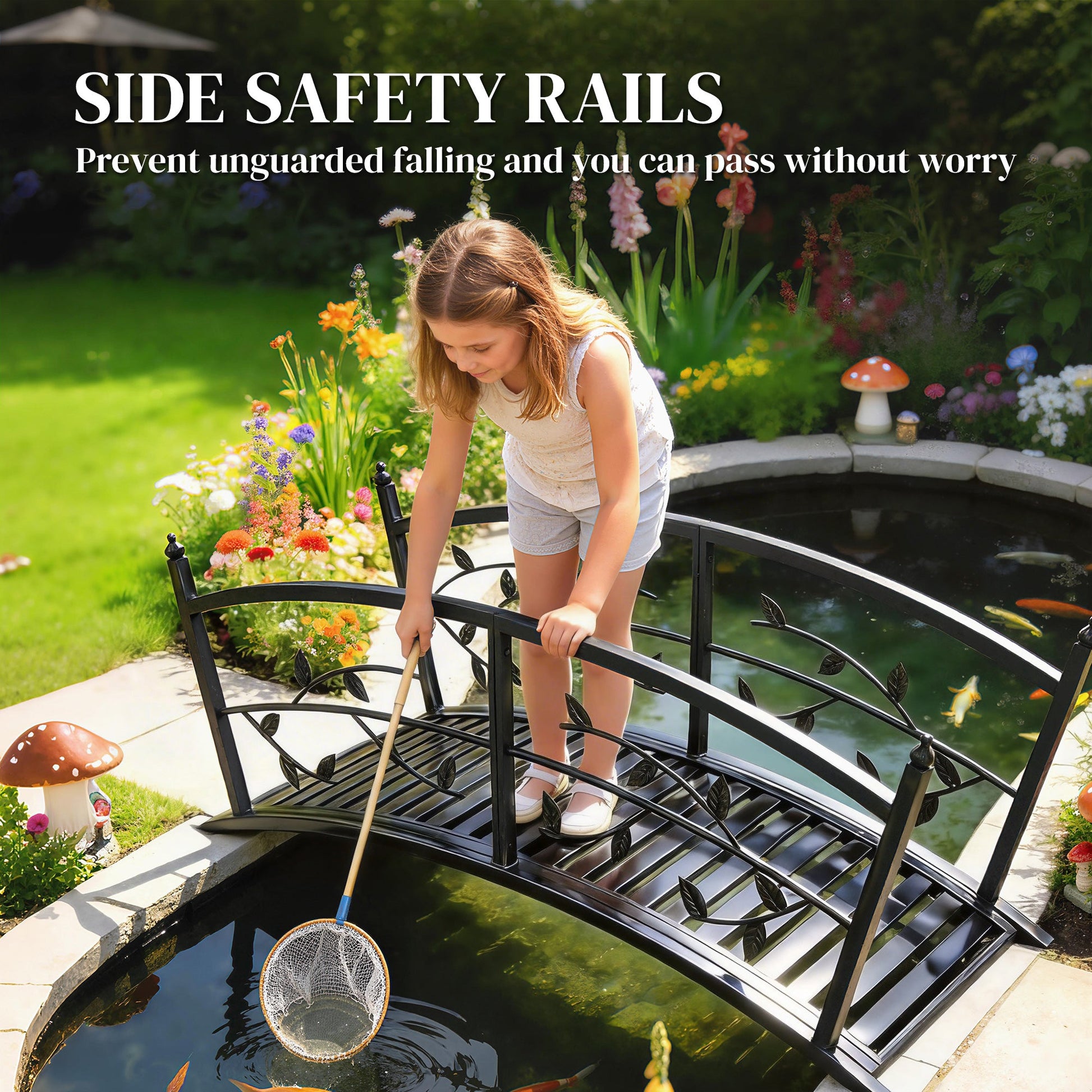 1.2M Metal Garden Bridge with Safety Railings, Outdoor Pond Bridge, Arch Decorative Footbridge for Garden, Creek Stream, Easy Assembly & Stable Construction, Black