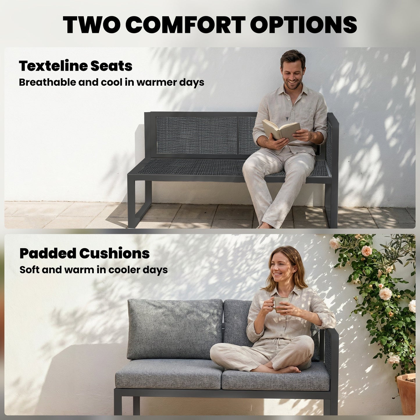 6 Seater Metal Garden Furniture Set, Corner Garden Sofa Set with 3 Texteline Loveseats, Faux Wood Top Coffee Table, L-Shape Outdoor Conversation Furniture with Cushions, Dark Grey