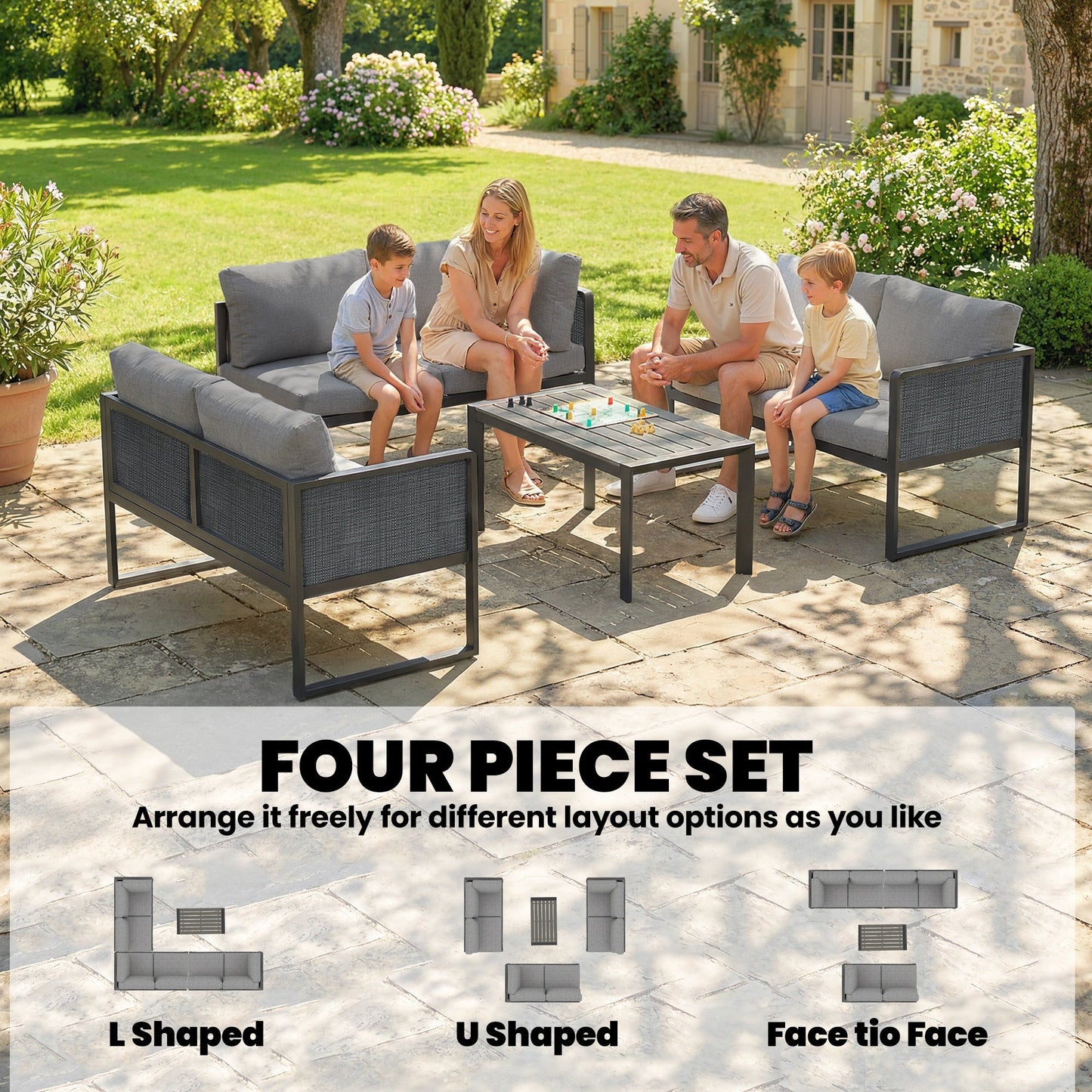 6 Seater Metal Garden Furniture Set, Corner Garden Sofa Set with 3 Texteline Loveseats, Faux Wood Top Coffee Table, L-Shape Outdoor Conversation Furniture with Cushions, Dark Grey