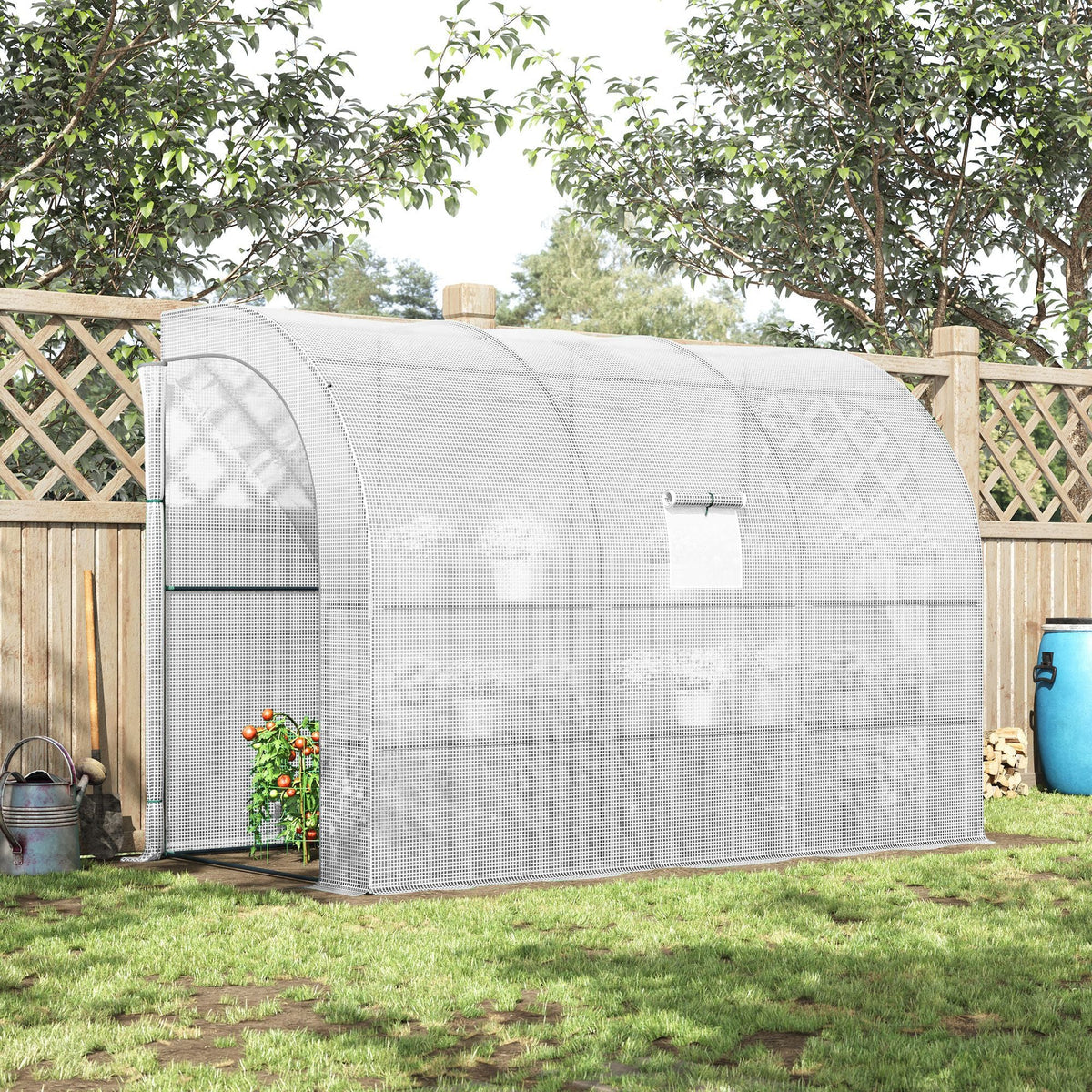 Outdoor Walk-In Greenhouse, Plant Nursery with Zippered Doors, PE Cover and 3-Tier Shelves, White, 300 x 150 x 213 cm