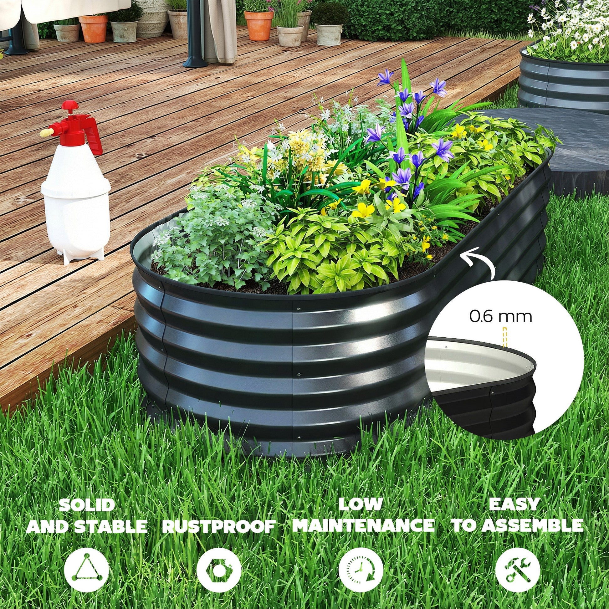 Set of 2 Raised Beds for Garden, Outdoor Galvanised Planter Box with Plant Support Stakes, Rubber Strap Edging and Bottomless for Flower, Vegetable, 150 x 60 x 30 cm, Dark Grey
