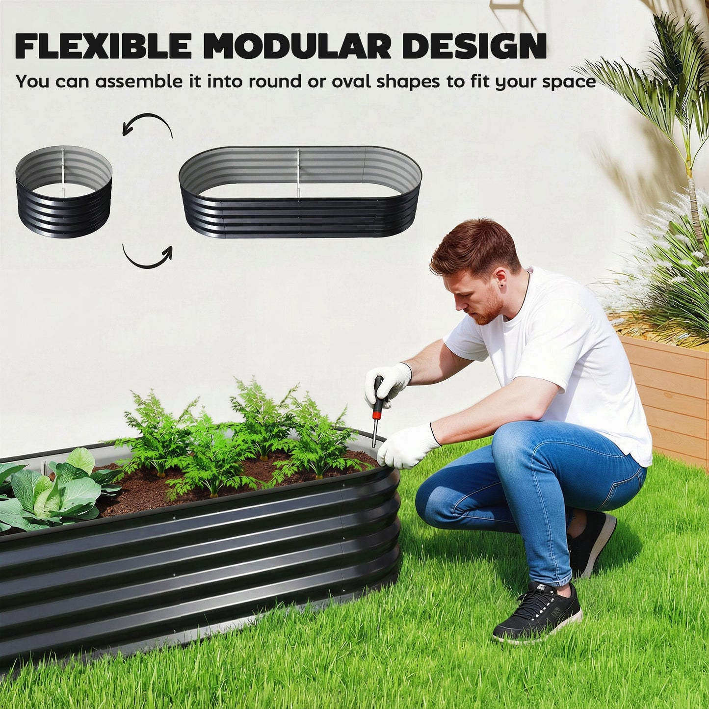 Set of 2 Raised Beds for Garden, Outdoor Galvanised Planter Box with Plant Support Stakes, Rubber Strap Edging and Bottomless for Flower, Vegetable, 150 x 60 x 30 cm, Dark Grey