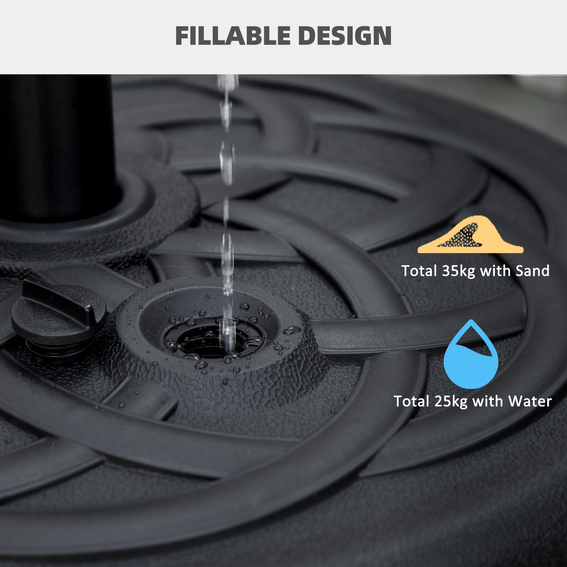 Garden Parasol Base Holder, Outdoor Market Umbrella Stand Weight with Built-In Handle, 25kg Water or 35kg Sand Filled, Black