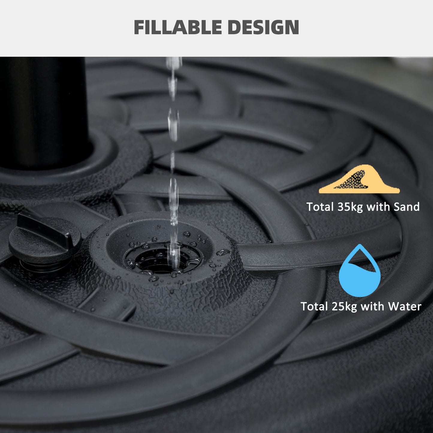 Garden Parasol Base Holder, Outdoor Market Umbrella Stand Weight with Built-In Handle, 25kg Water or 35kg Sand Filled, Black