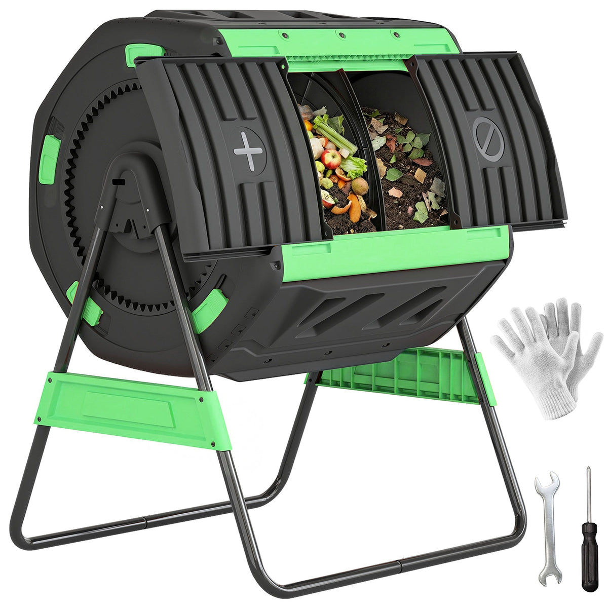 200L Garden Compost Bin, Dual Chamber Rotating Tumbling Composter with 8 Adjustable Vents, BPA Free Outdoor Compost Tumbler with 2 Sliding Doors, Gloves, Screwdriver, Wrench and Metal Frame