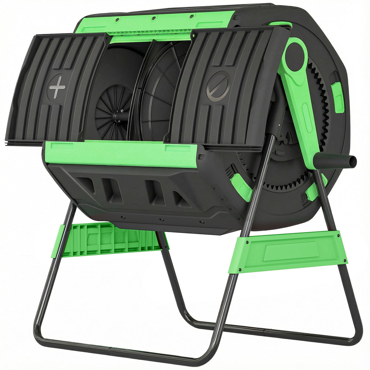 200L Garden Compost Bin, Dual Chamber Rotating Tumbling Composter with 8 Adjustable Vents, BPA Free Outdoor Compost Tumbler with 2 Sliding Doors, Gloves, Screwdriver, Wrench and Metal Frame
