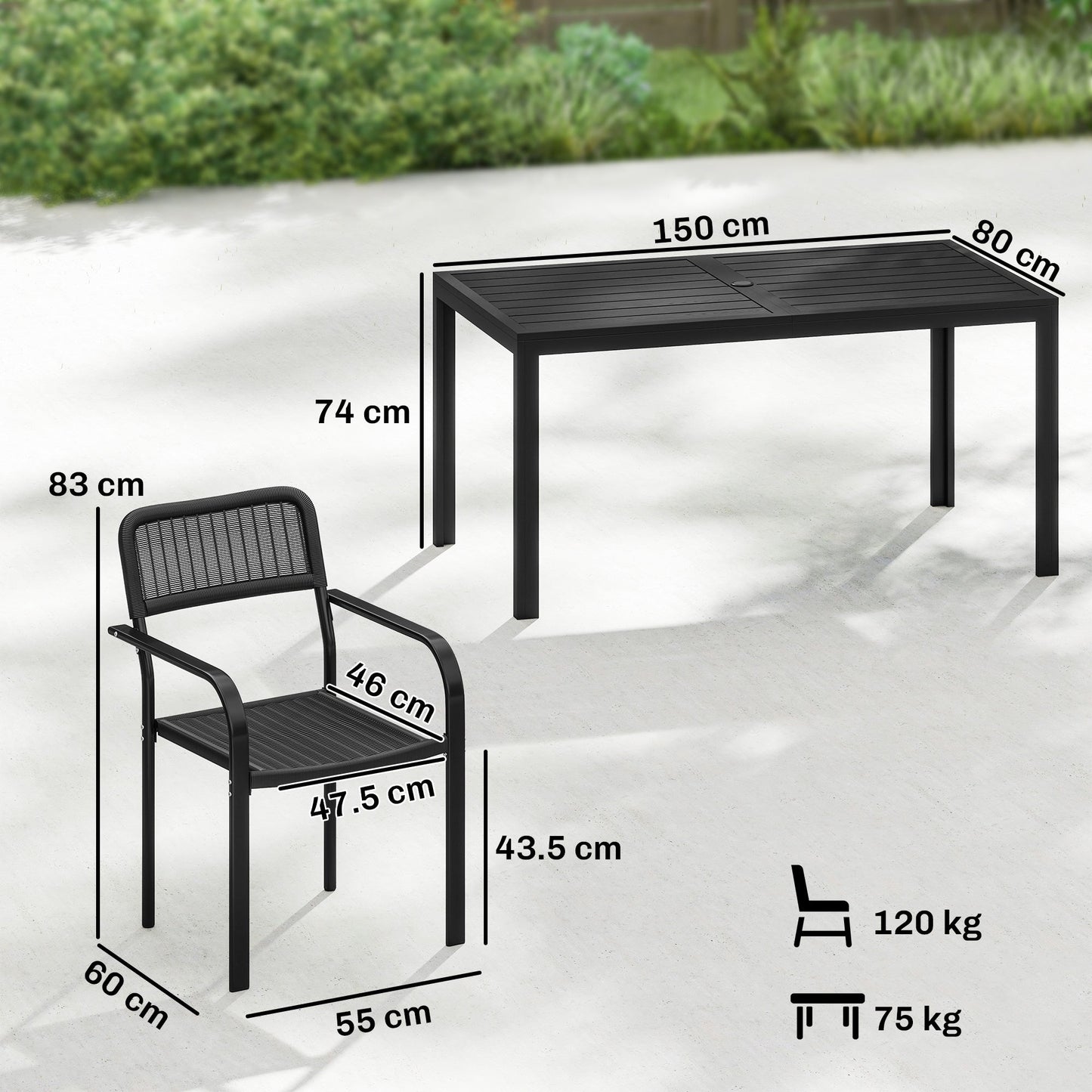 7 Pieces Garden Dining Set, Garden Table and Chairs Set 6 with Faux Rattan Stackable Chairs, Wood Effect Metal Top Table, Umbrella Hole, Outdoor Furniture for Patio Porch Terrace, Black