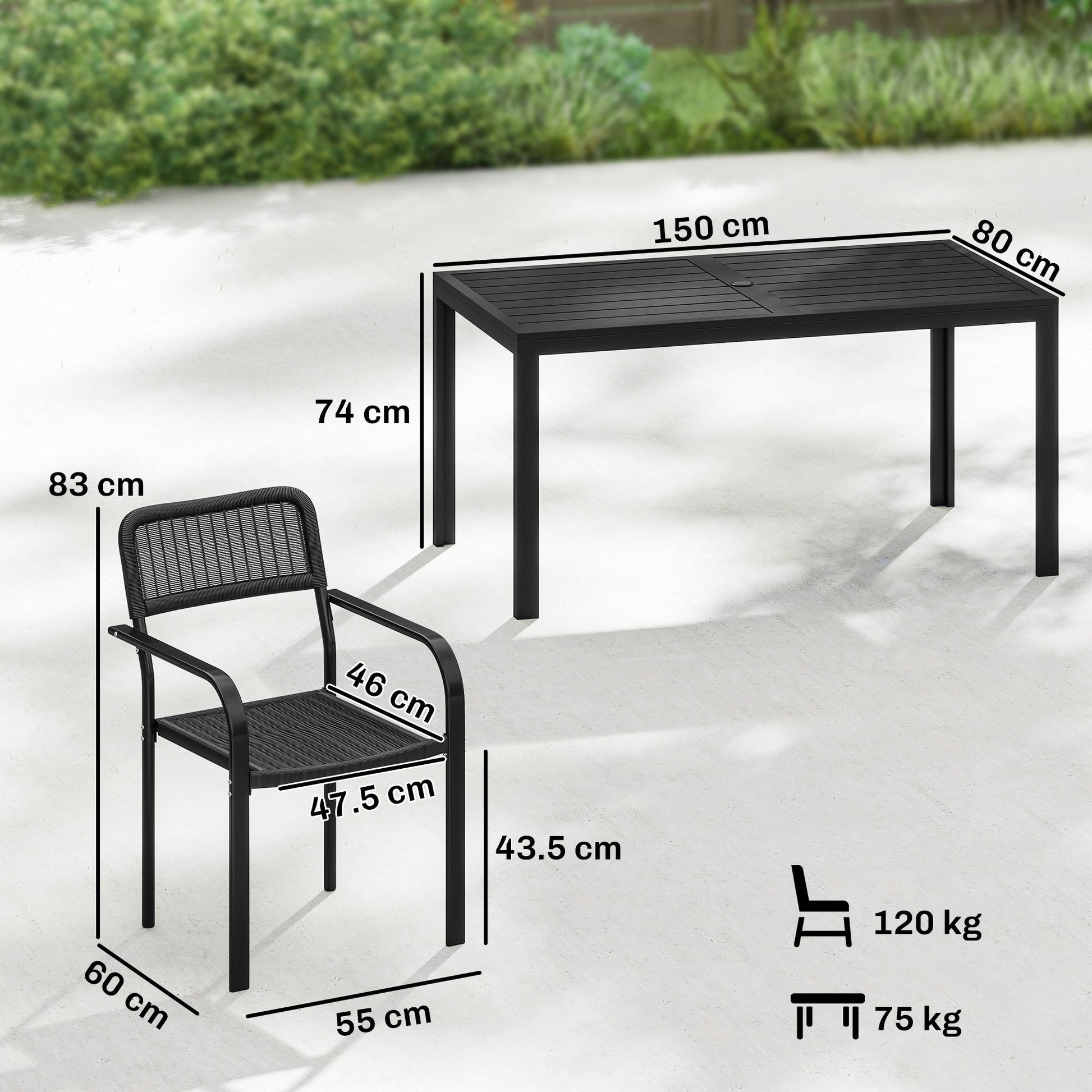 7 Pieces Garden Dining Set, Garden Table and Chairs Set 6 with Faux Rattan Stackable Chairs, Wood Effect Metal Top Table, Umbrella Hole, Outdoor Furniture for Patio Porch Terrace, Black