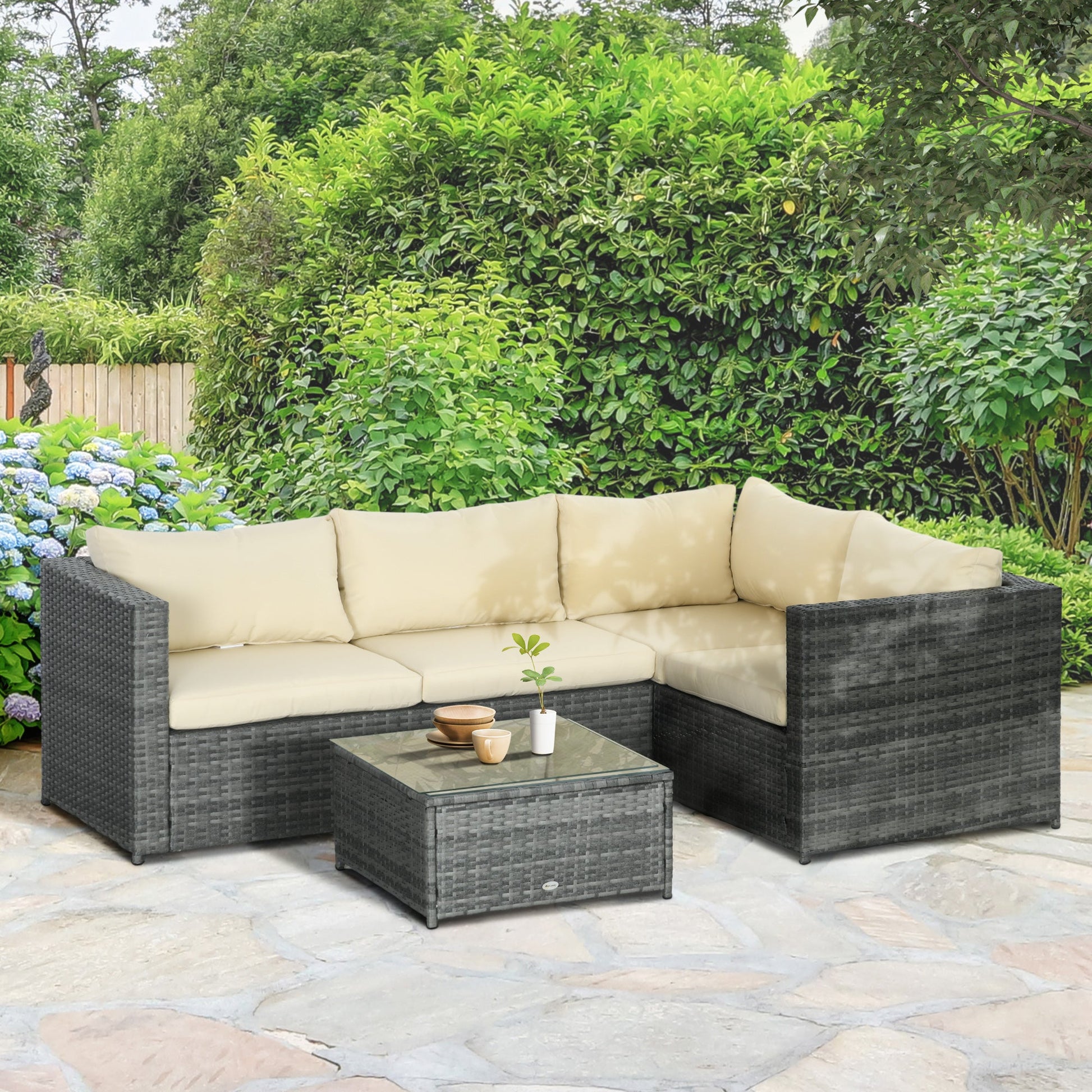3 Pieces PE Rattan Garden Furniture Set with 10 cm Thick Cushions, 4 Seater Garden Corner Sofa Set with Glass Top Coffee Table, Outdoor Furniture for Patio, Porch, Beige