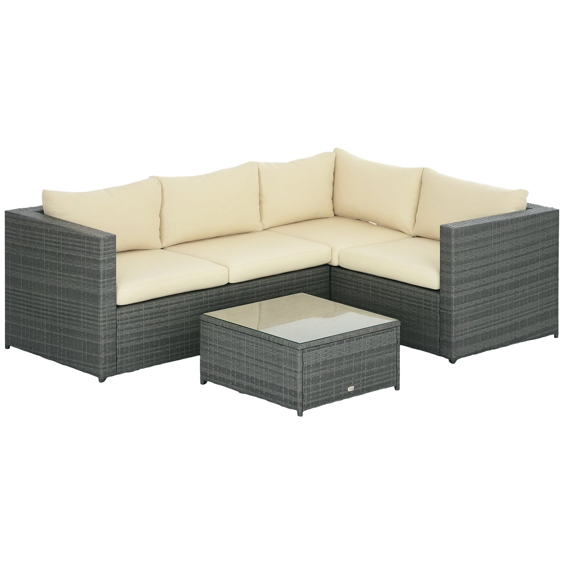 3 Pieces PE Rattan Garden Furniture Set with 10 cm Thick Cushions, 4 Seater Garden Corner Sofa Set with Glass Top Coffee Table, Outdoor Furniture for Patio, Porch, Beige