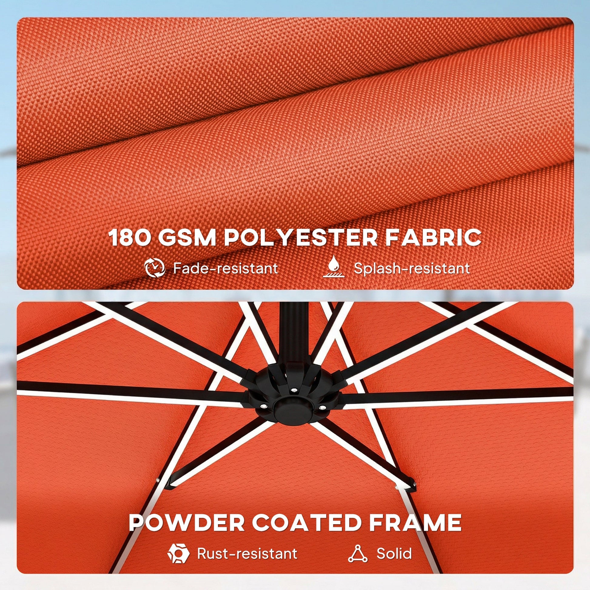 3 m Garden Cantilever Parasol with LED Solar Light, Round Overhanging Umbrella with 6-Position 360° Rotation, Crank Handle, Tilt, Cover, Banana Patio Umbrella for Outdoor Sun Shade, Orange