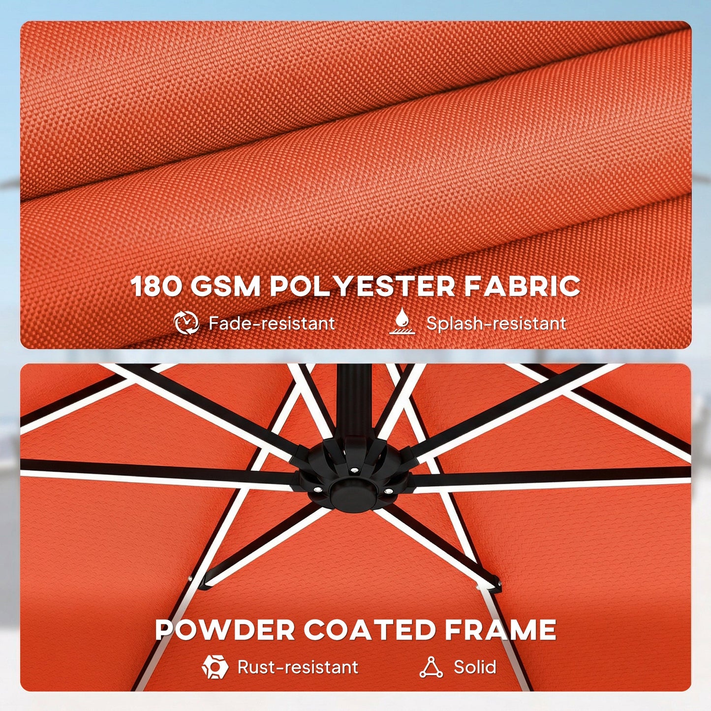 3 m Garden Cantilever Parasol with LED Solar Light, Round Overhanging Umbrella with 6-Position 360° Rotation, Crank Handle, Tilt, Cover, Banana Patio Umbrella for Outdoor Sun Shade, Orange