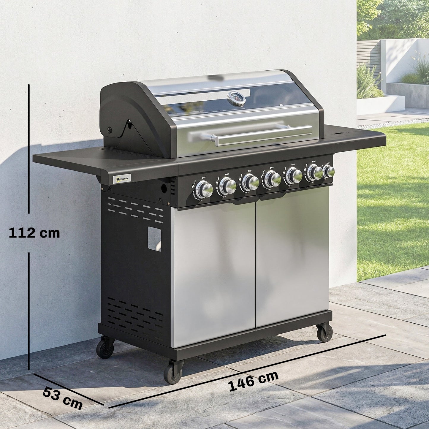 6+1 Burner Gas BBQ Grill, Portable Outdoor Barbecue Trolley with Wheels, Warming Rack, Built-in Thermometer, Side Shelves, Cabinet, Bottle Opener, Lid with Viewing Window, Silver Tone