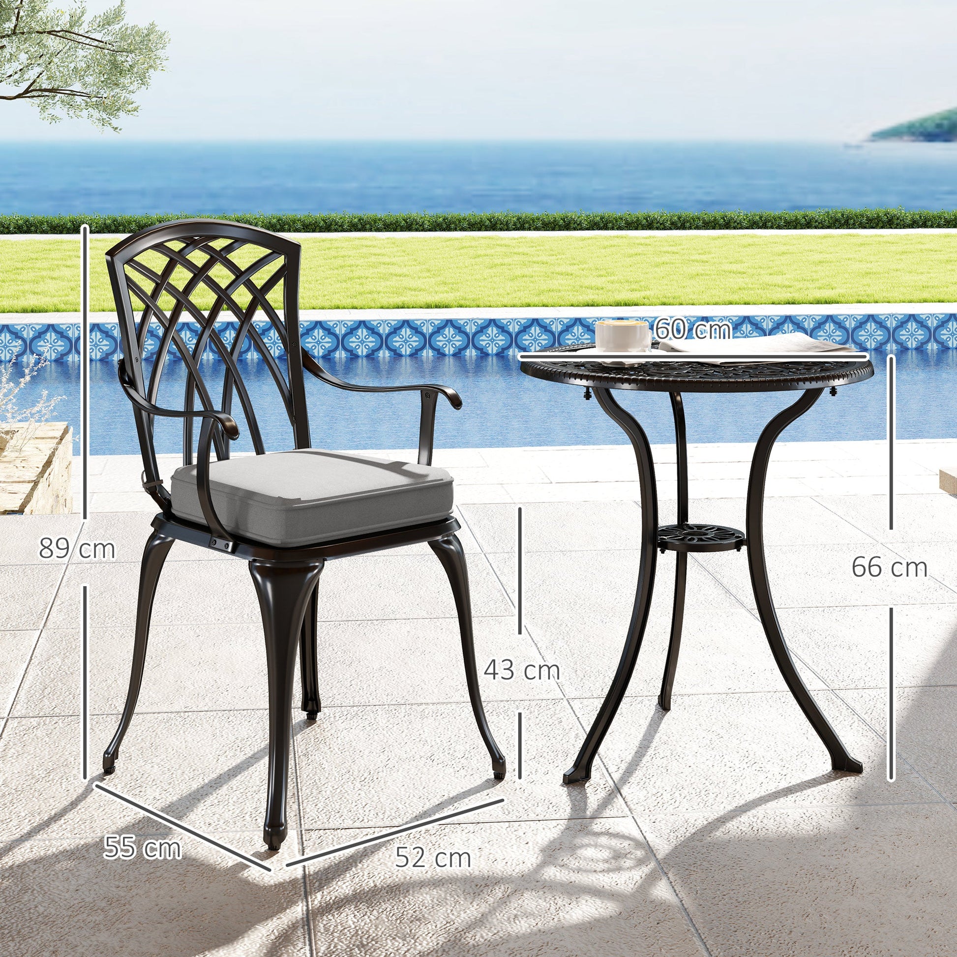 3 Piece Cast Aluminium Garden Bistro Set for 2, Outdoor Coffee Table Set Rust Resistant with Parasol Hole, Cushions, Patio Table and Chairs for Garden, Balcony, Black