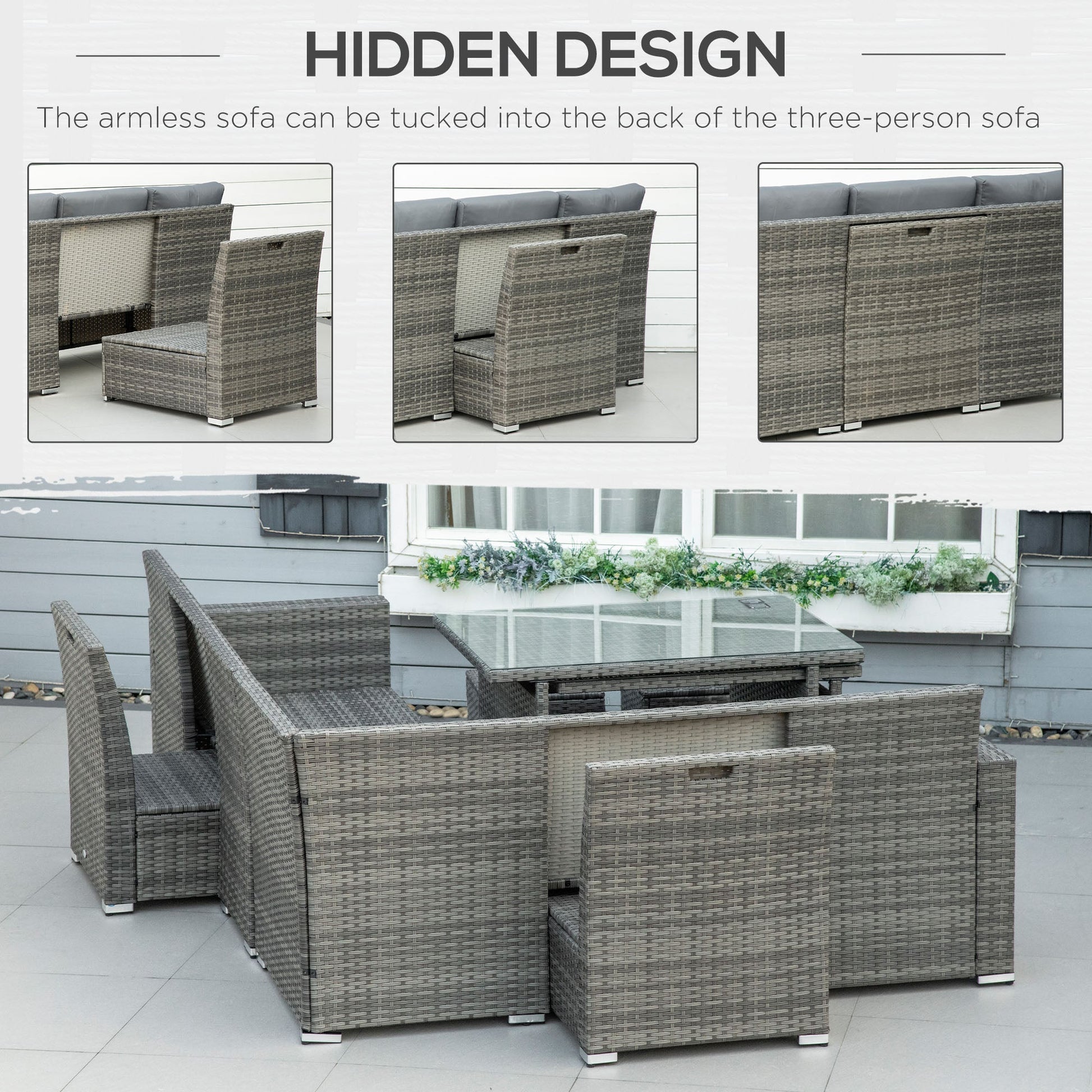 10 Seater Rattan Dining Set with Expandable Table and Nesting Chairs, Rattan Garden Furniture Set with Cushions, Outdoor Dining Table and Chairs, Sectional Corner Sofa Set, Grey