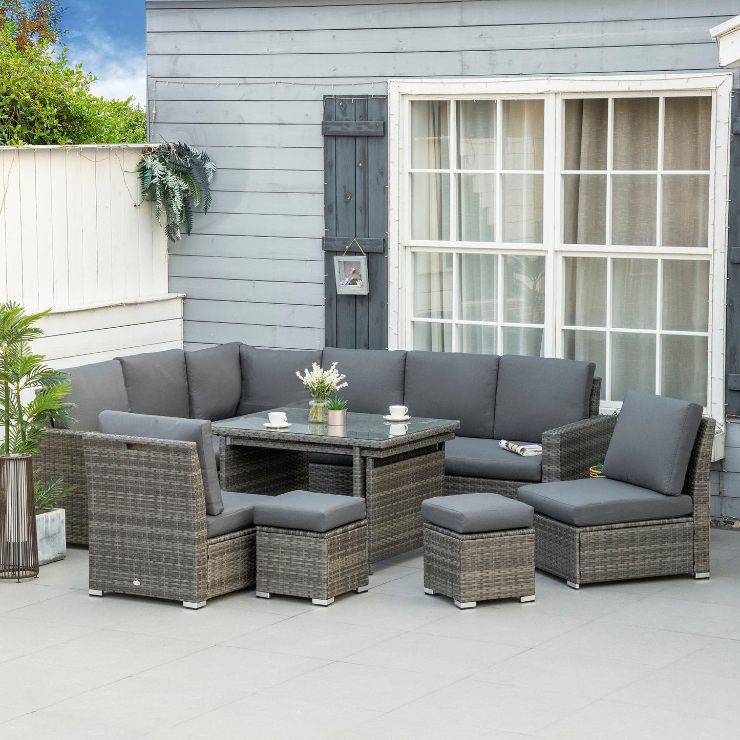 10 Seater Rattan Dining Set with Expandable Table and Nesting Chairs, Rattan Garden Furniture Set with Cushions, Outdoor Dining Table and Chairs, Sectional Corner Sofa Set, Grey