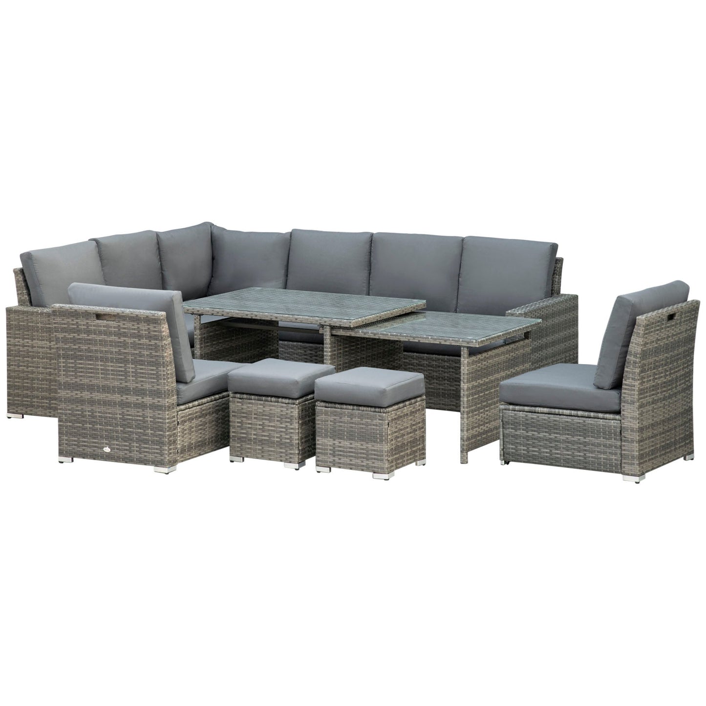 10 Seater Rattan Dining Set with Expandable Table and Nesting Chairs, Rattan Garden Furniture Set with Cushions, Outdoor Dining Table and Chairs, Sectional Corner Sofa Set, Grey