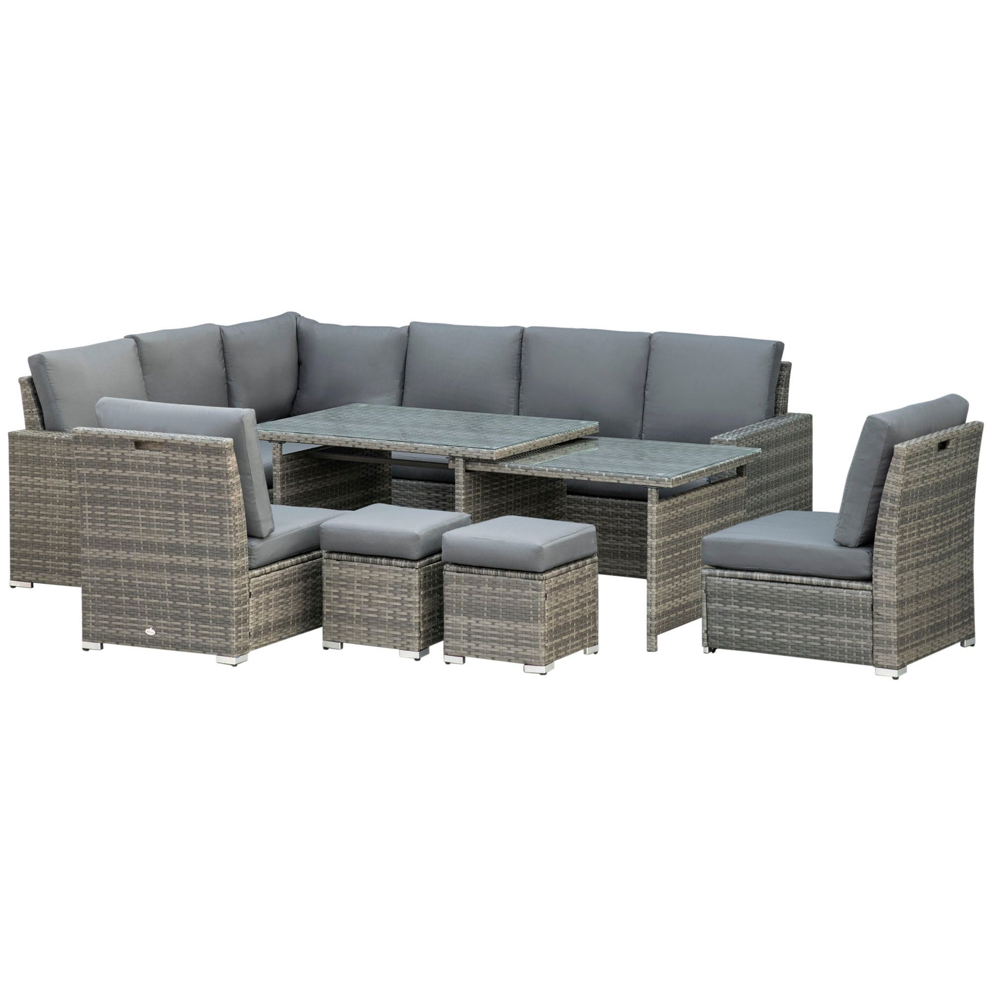 10 Seater Rattan Dining Set with Expandable Table and Nesting Chairs, Rattan Garden Furniture Set with Cushions, Outdoor Dining Table and Chairs, Sectional Corner Sofa Set, Grey