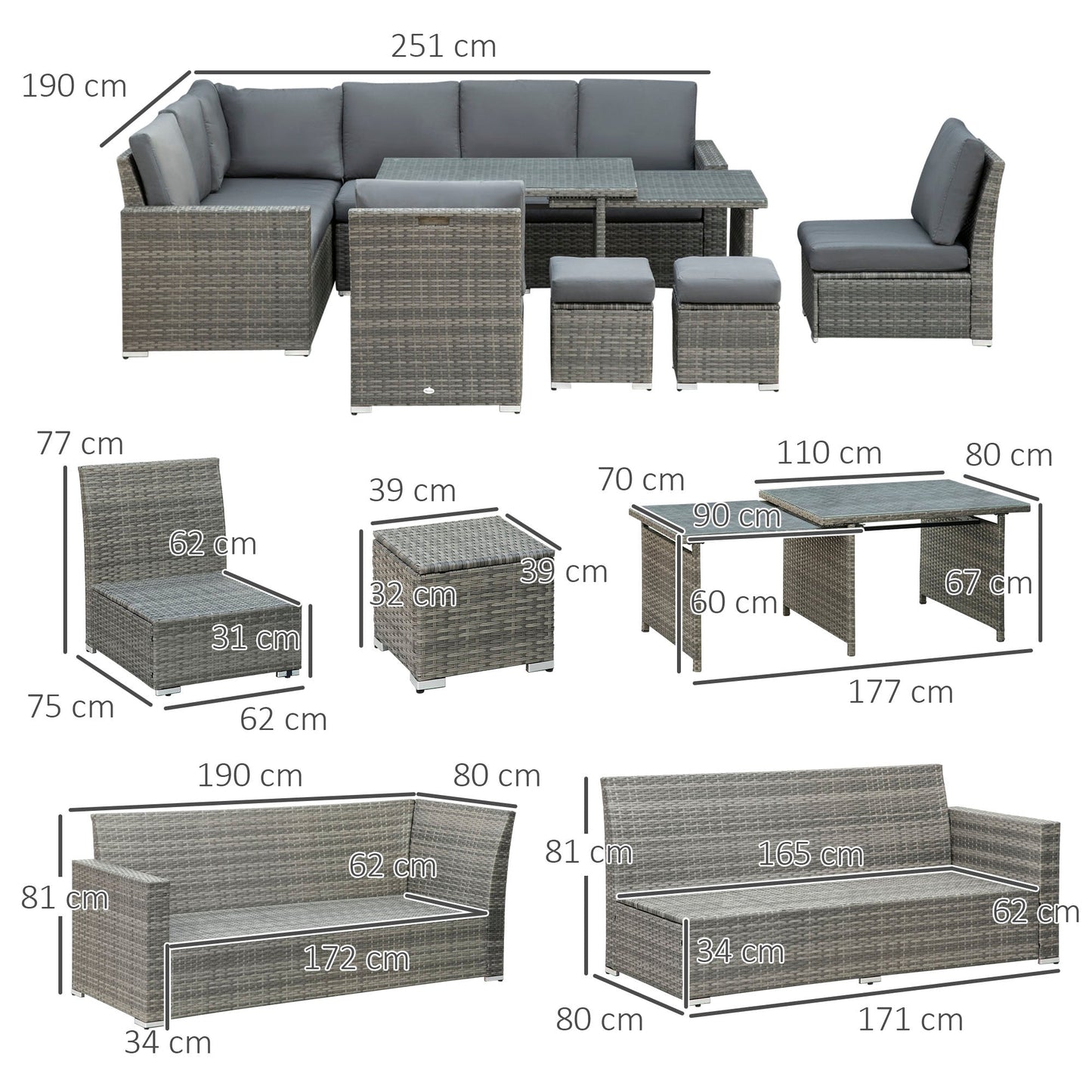 10 Seater Rattan Dining Set with Expandable Table and Nesting Chairs, Rattan Garden Furniture Set with Cushions, Outdoor Dining Table and Chairs, Sectional Corner Sofa Set, Grey